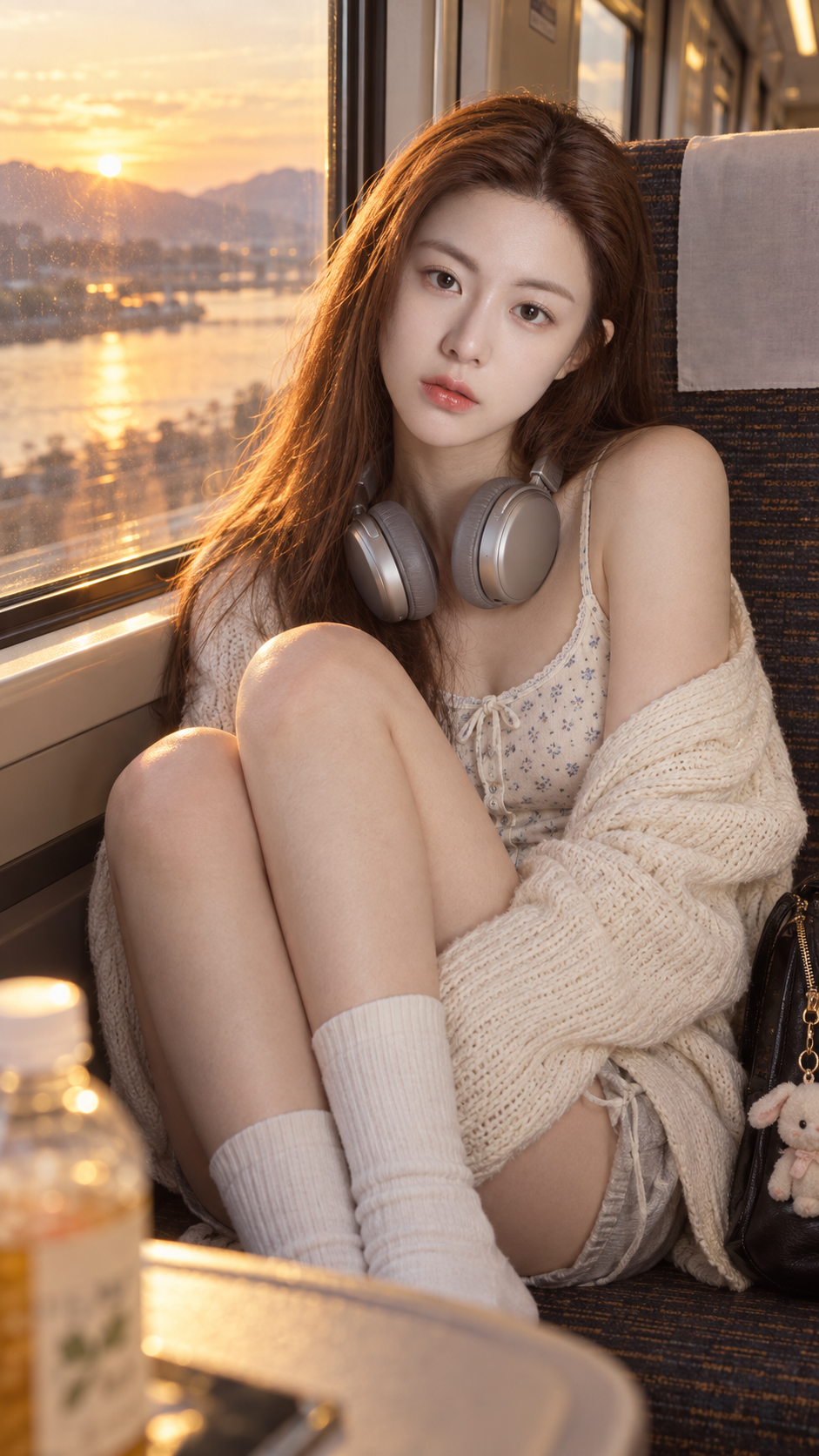 East Asian Woman Curled Up by a Train Window at Sunset