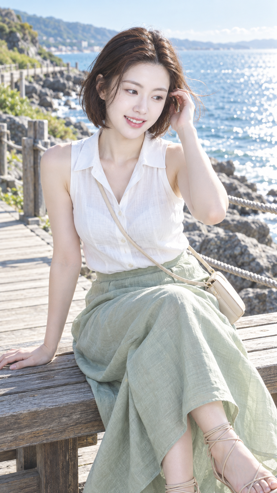 Summer Breeze Woman on a Seaside Wooden Bench