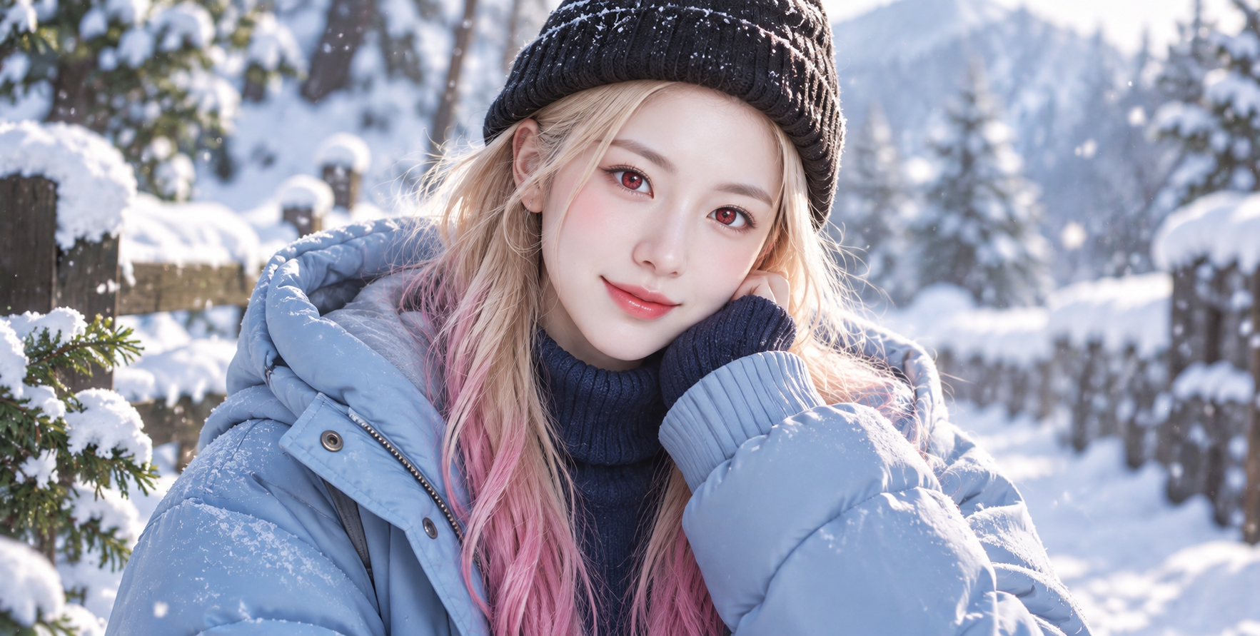 Snowy Scene Illustration of an Adult Female Character with Pink Hair Tips and Red Eyes