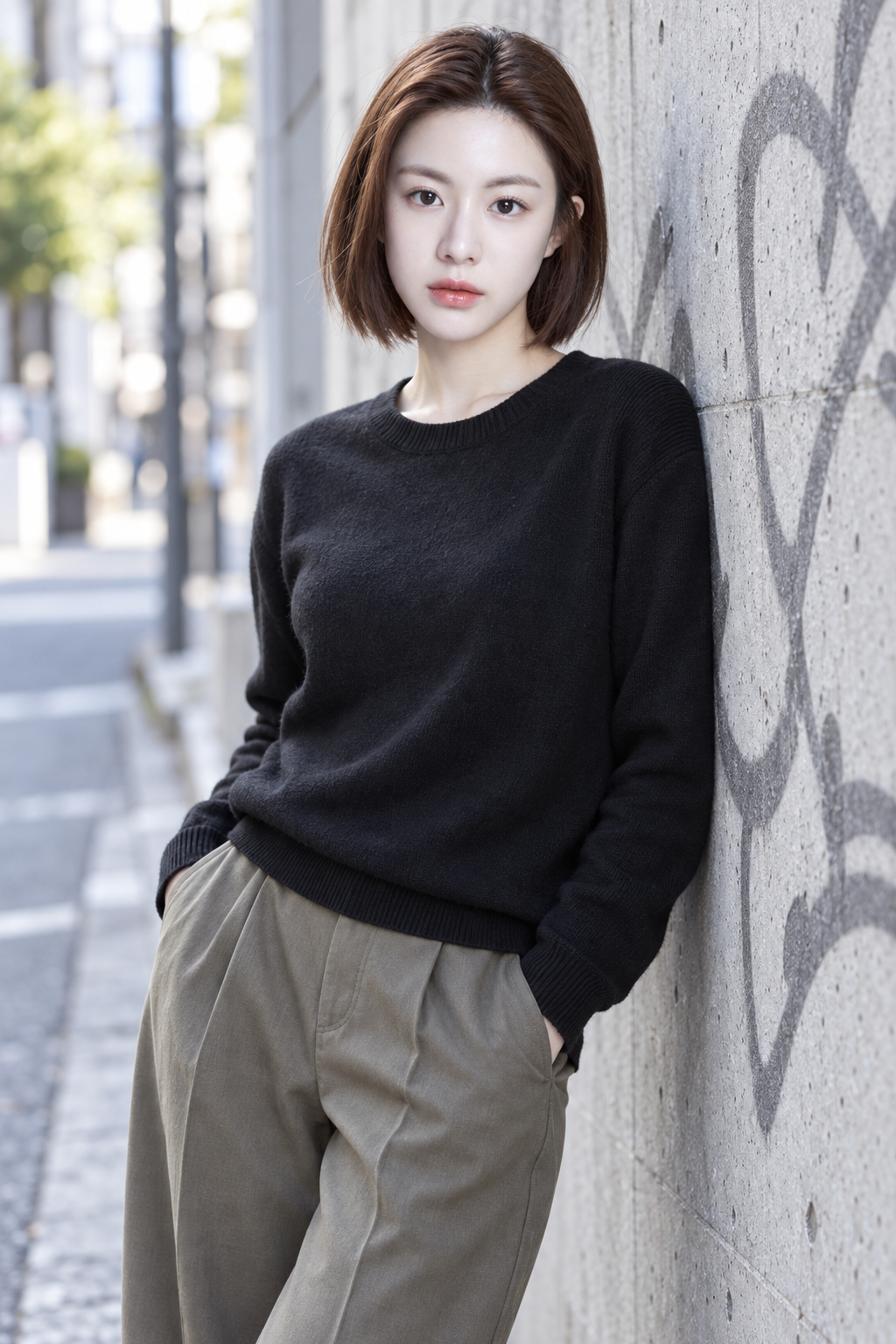 都会のコンクリート壁を背にした日本人女性の写実的肖像