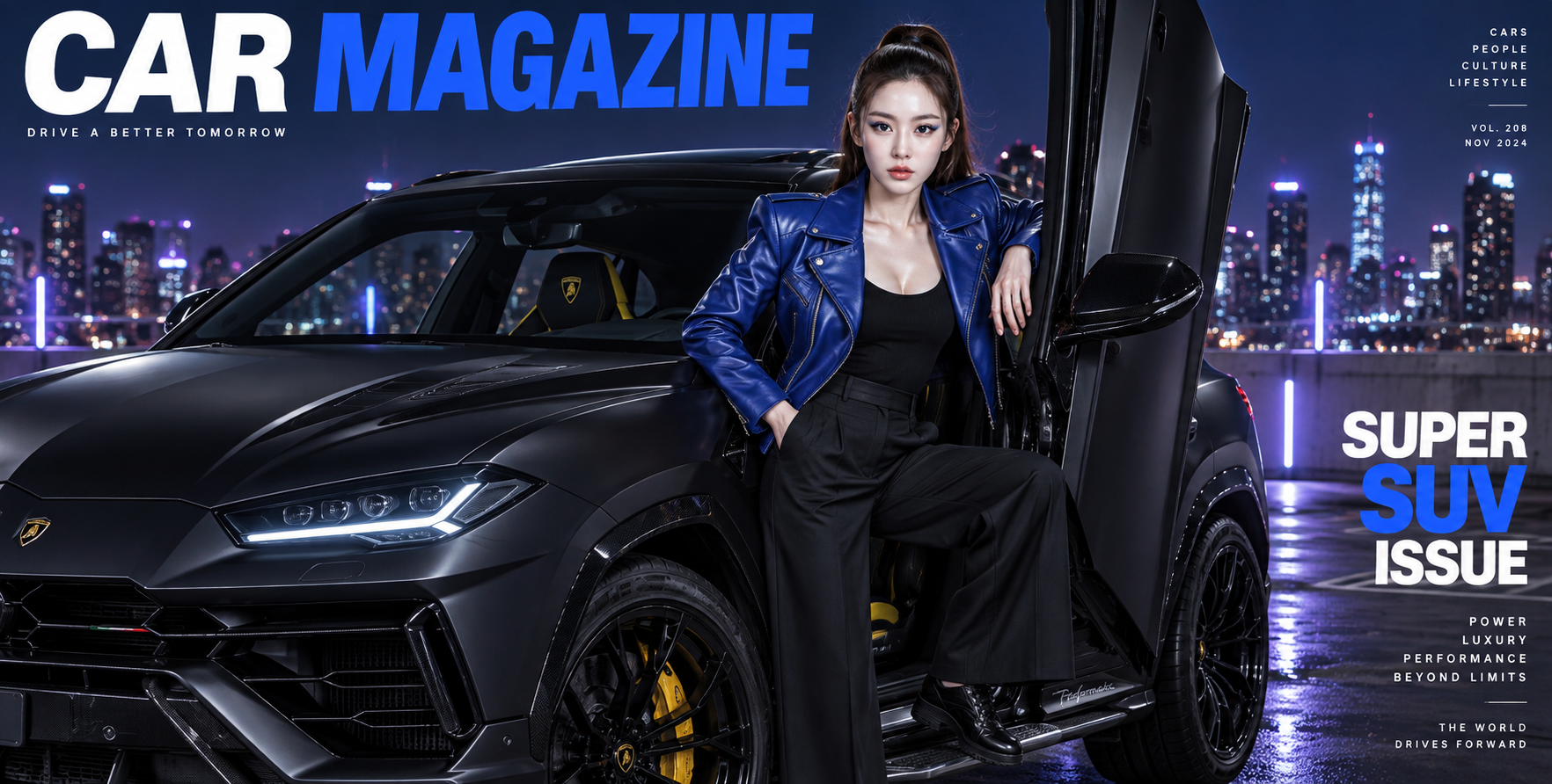 Lamborghini Car Magazine Cover: Cool Korean-Style Woman