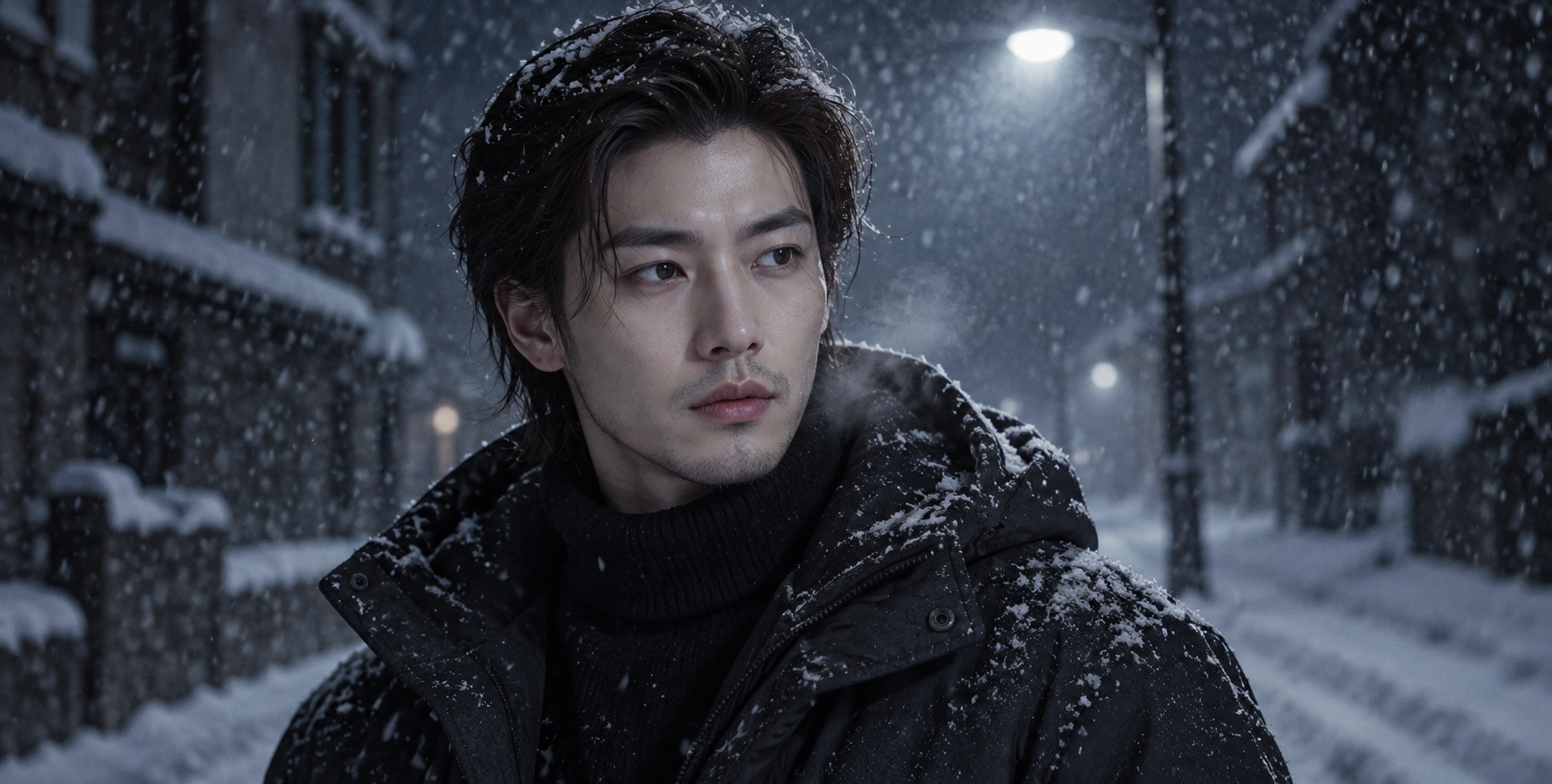 Adult Man in Winter Noir Portrait Under Blizzard Night