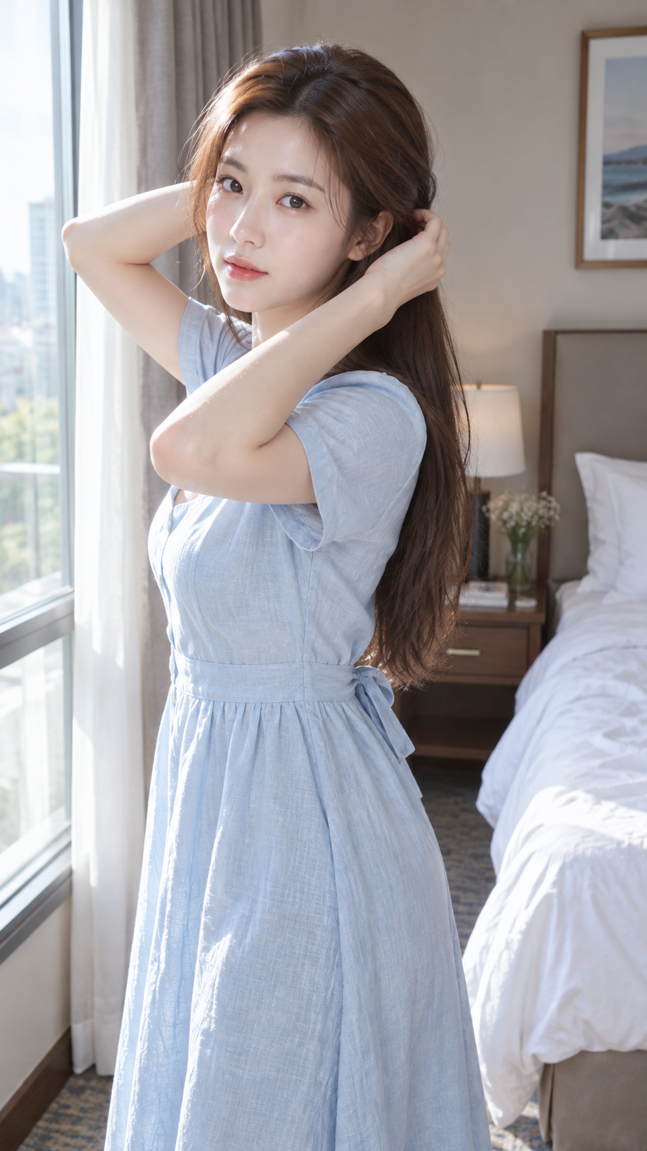 Chân dung điện thoại tự nhiên của phụ nữ trưởng thành bên cửa sổ mùa hè