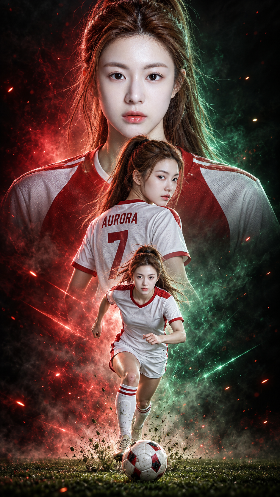 成人女性サッカー選手の三重露光映画ポスター