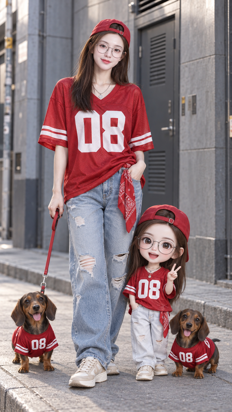Chân dung đường phố người phụ nữ trưởng thành mặc áo số 8 đỏ cùng chú chó dachshund chibi