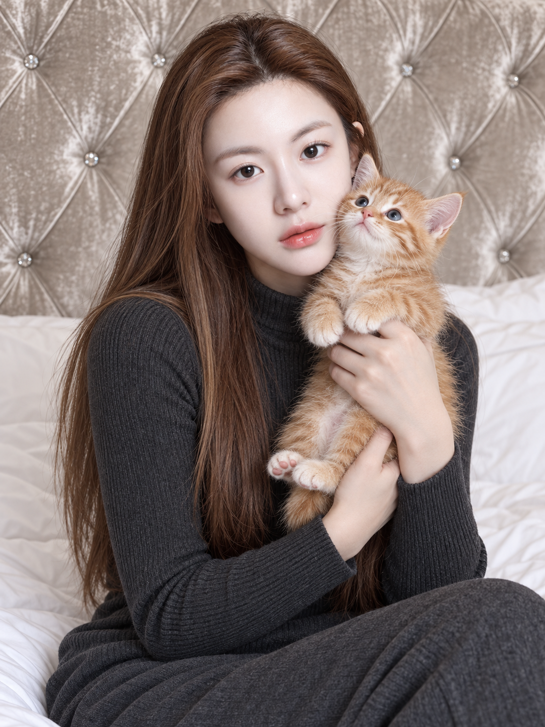 オレンジ色のトラ猫の子猫を抱く大人の女性の温かい肖像