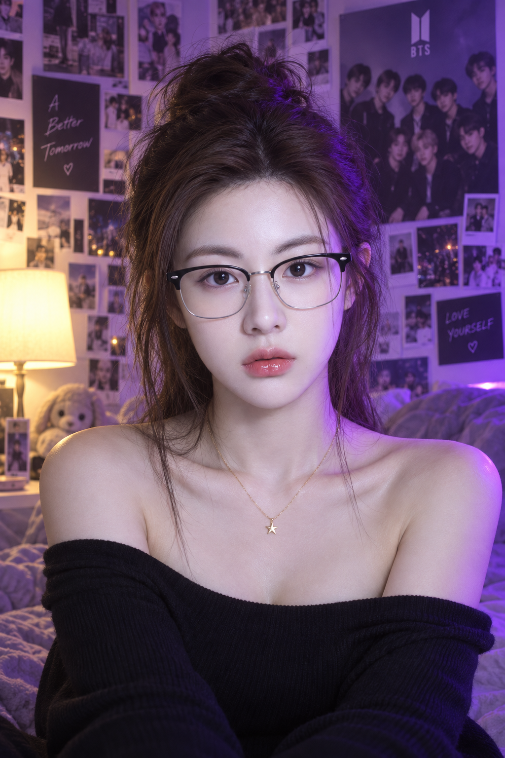 紫色氛围卧室中的黑银框镜东亚少女