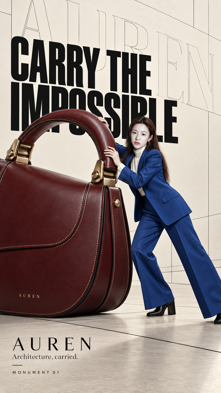 AUREN Giant Leather Tote Bag Fashion Editorial Poster — AI image creation