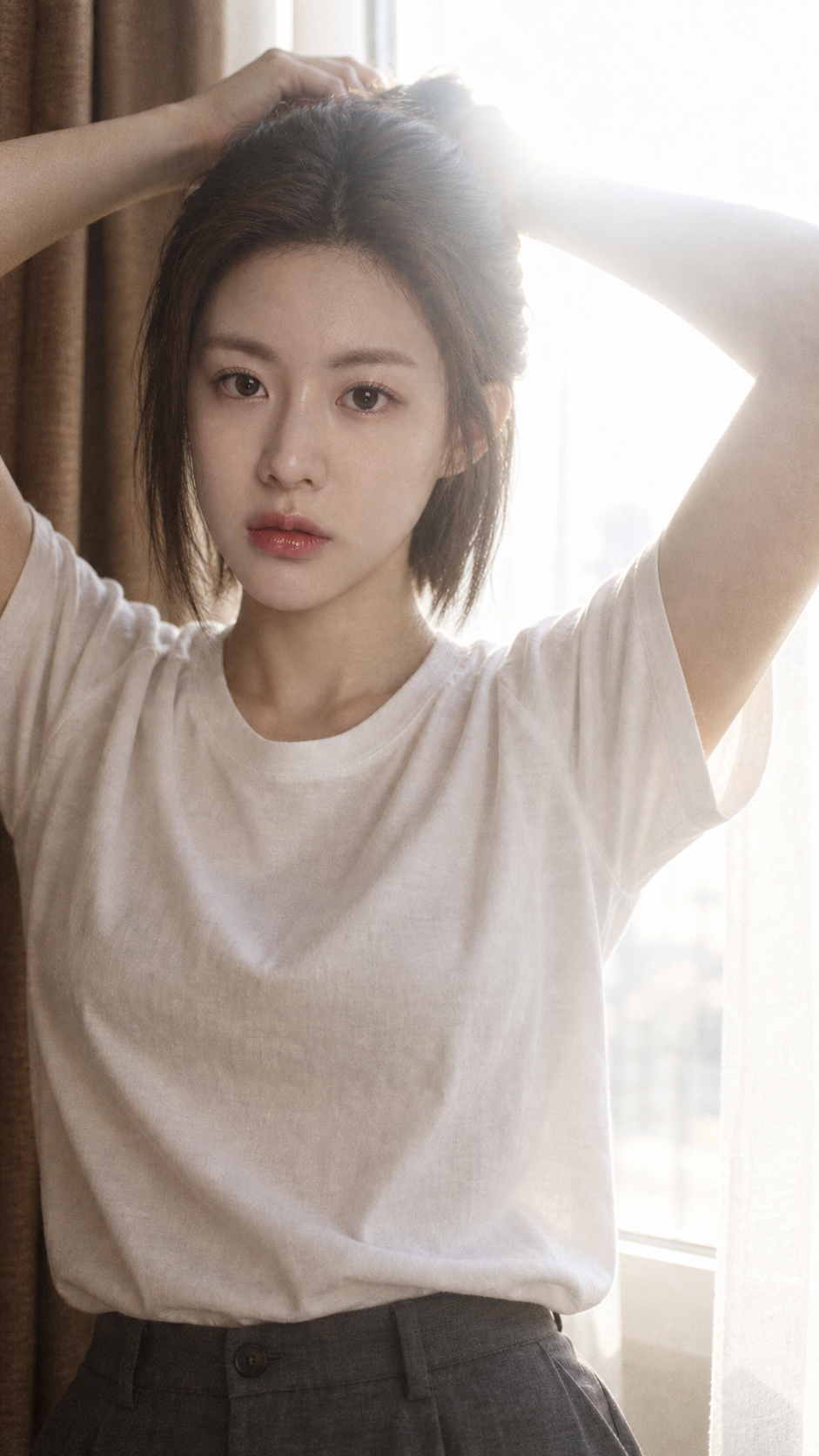 窗边整理头发的真实感女性纵向胶片人像