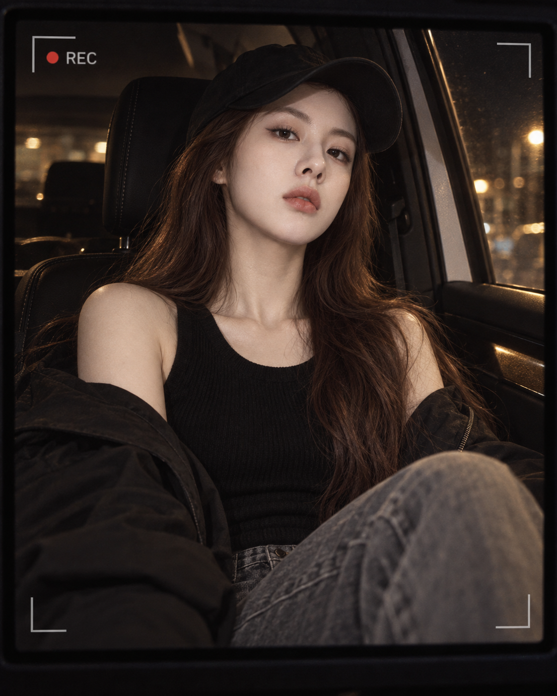 Late-Night Cool Fashion Realistic Portrait of an Adult Woman in a Car