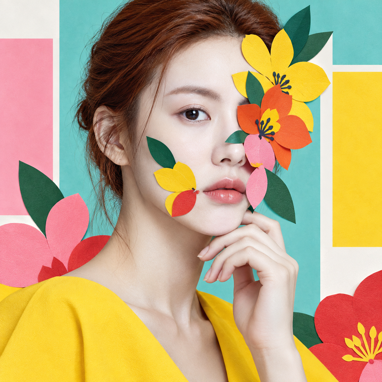 Collage de mode surréaliste au masque floral en papier découpé