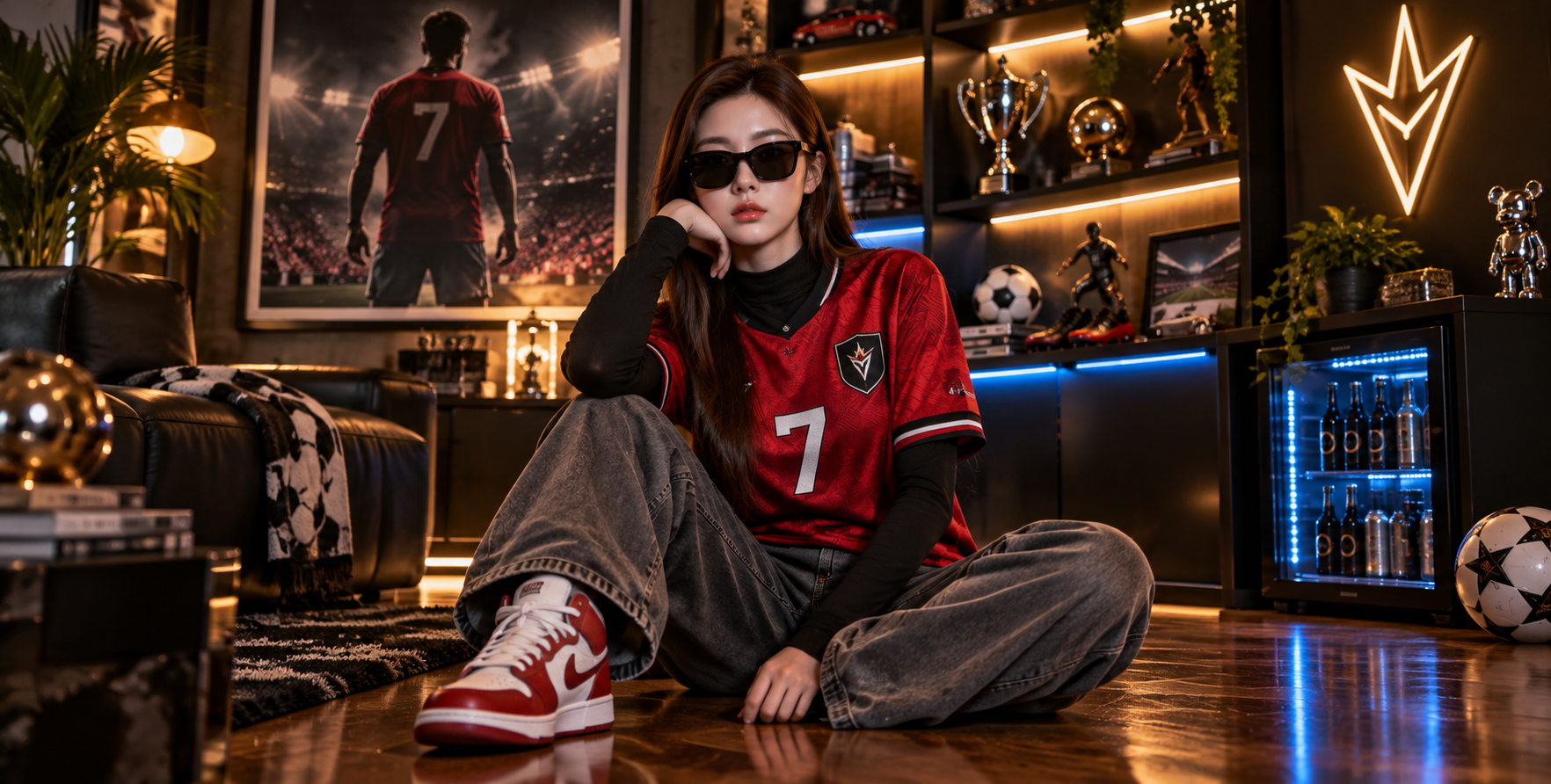 Scène nocturne cinématographique dans une chambre de supporter de football originale