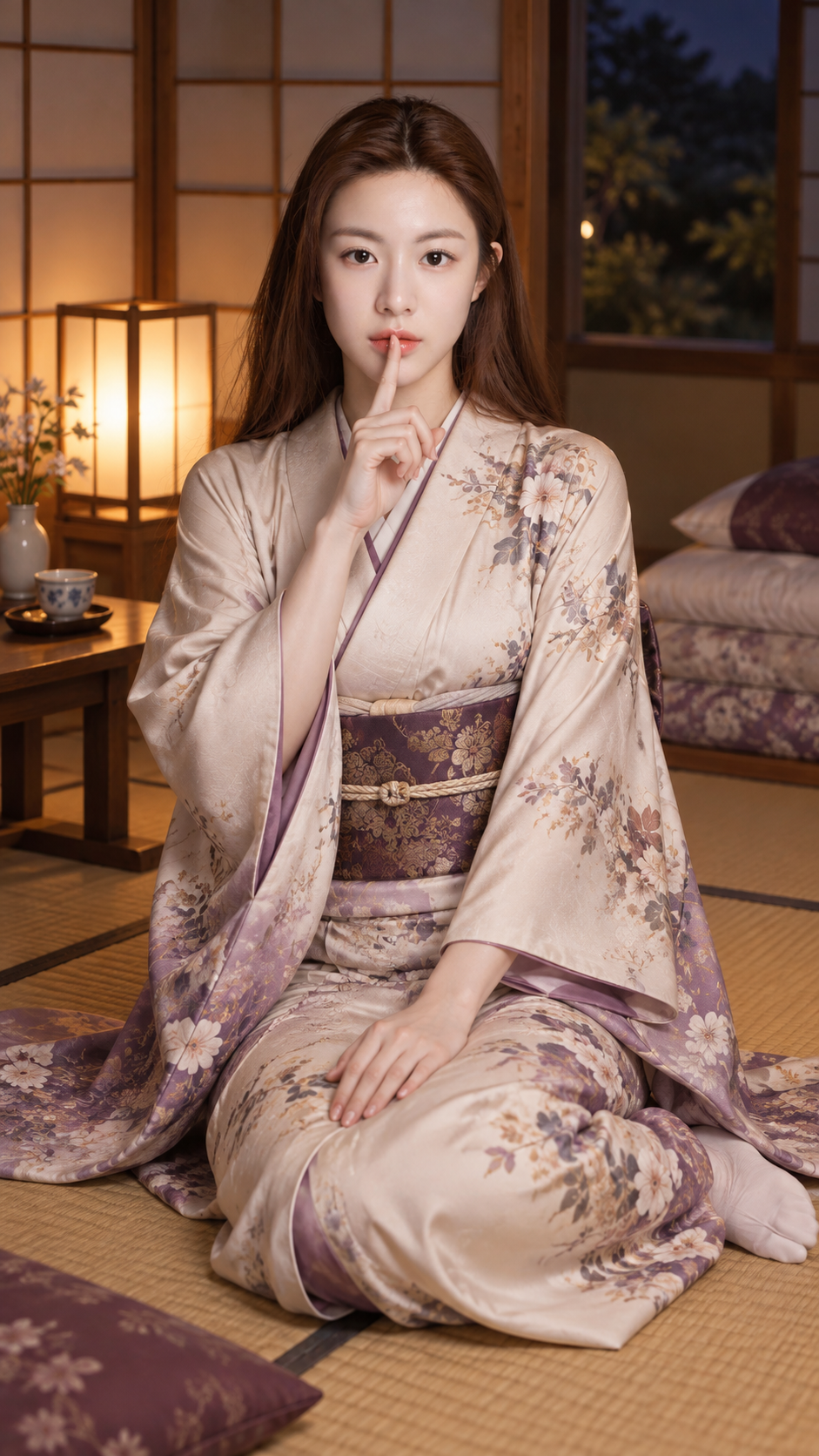Portrait nocturne d'adulte en kimono sur tatami, lumière douce