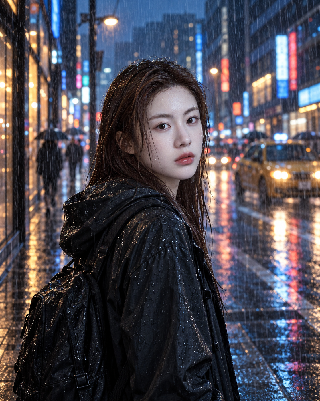暴雨霓虹下的成年都市孤寂人像