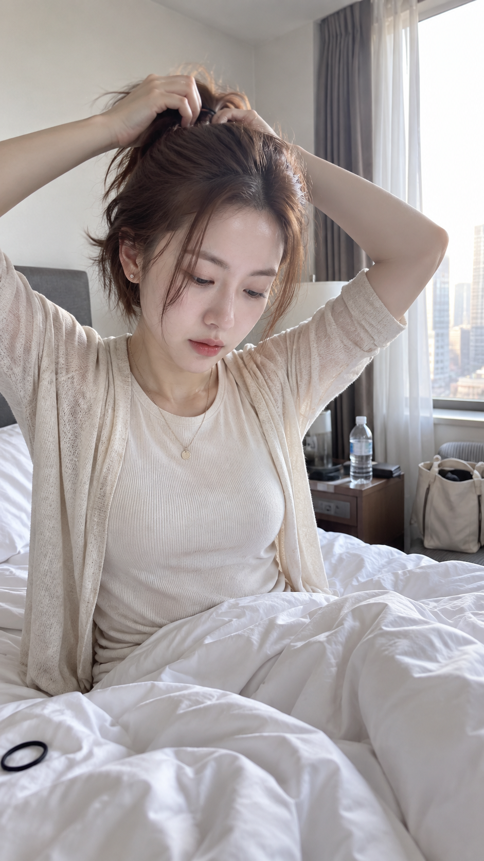 Candid shot of fixing hair in a hotel room in the morning