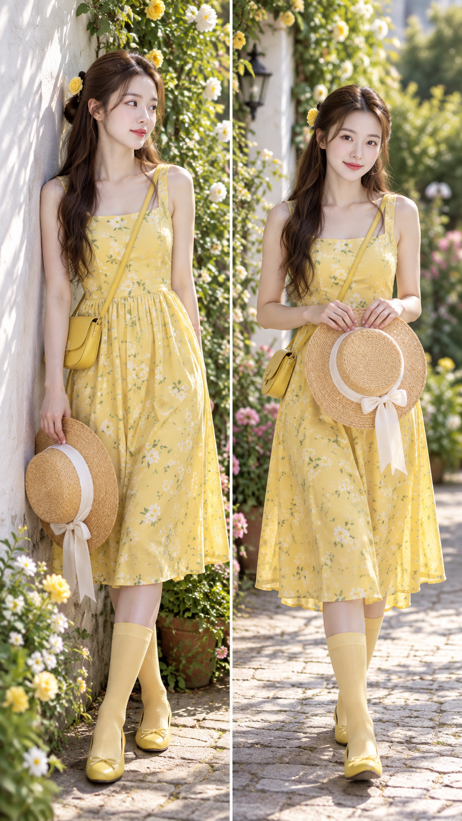 Portrait of an adult woman in a yellow dress in a garden, two-panel composition