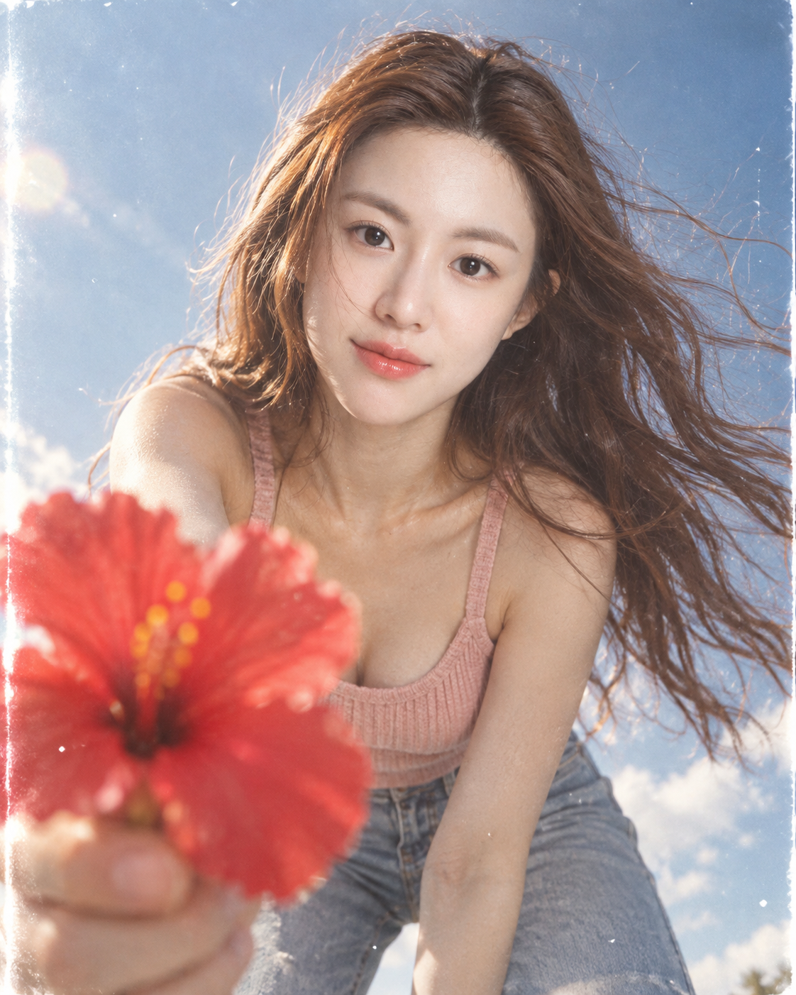 Low-angle Retro CCD Portrait of an Adult Woman Handing a Red Flower