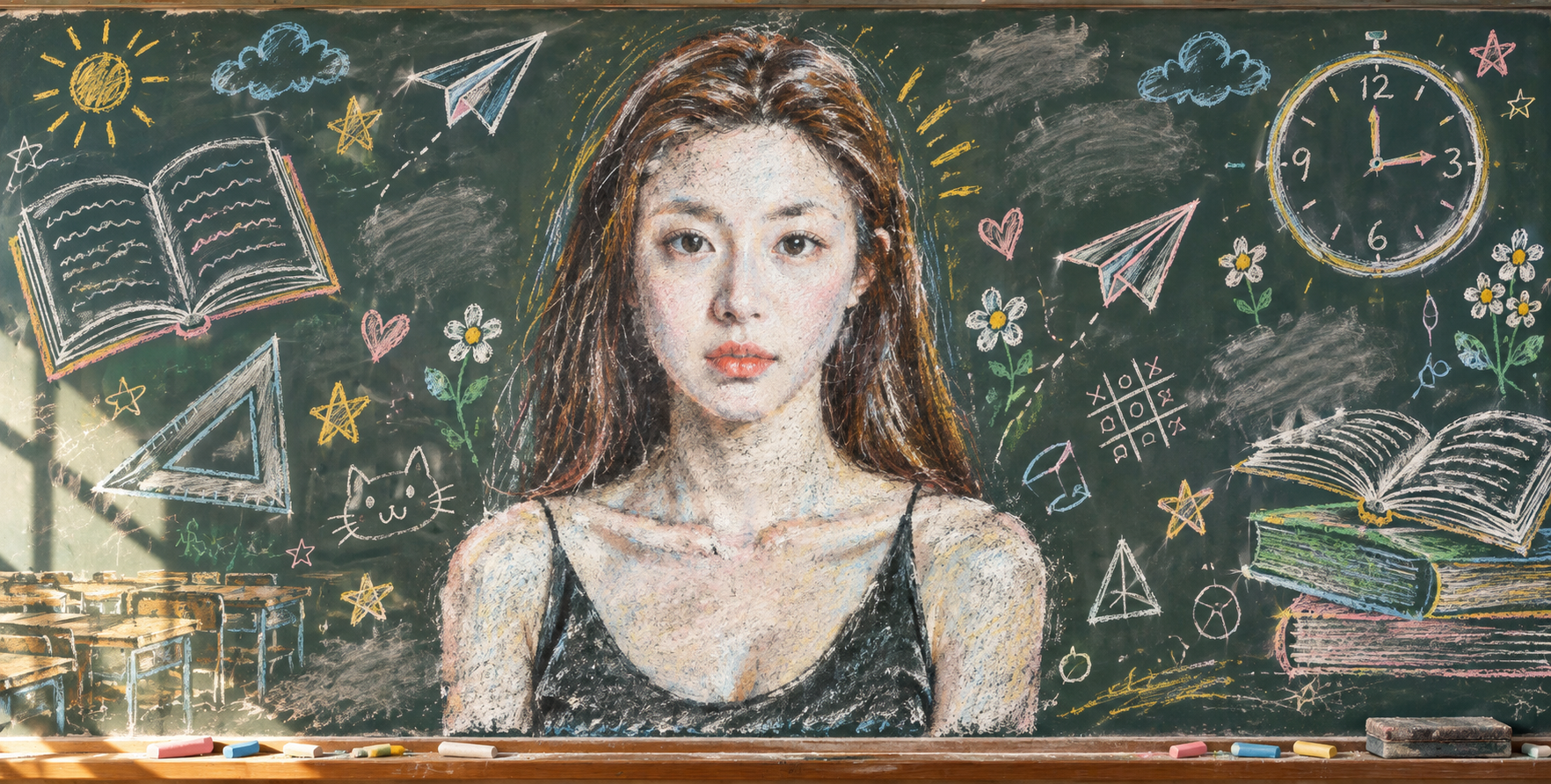 黑板上的青春彩色粉笔画