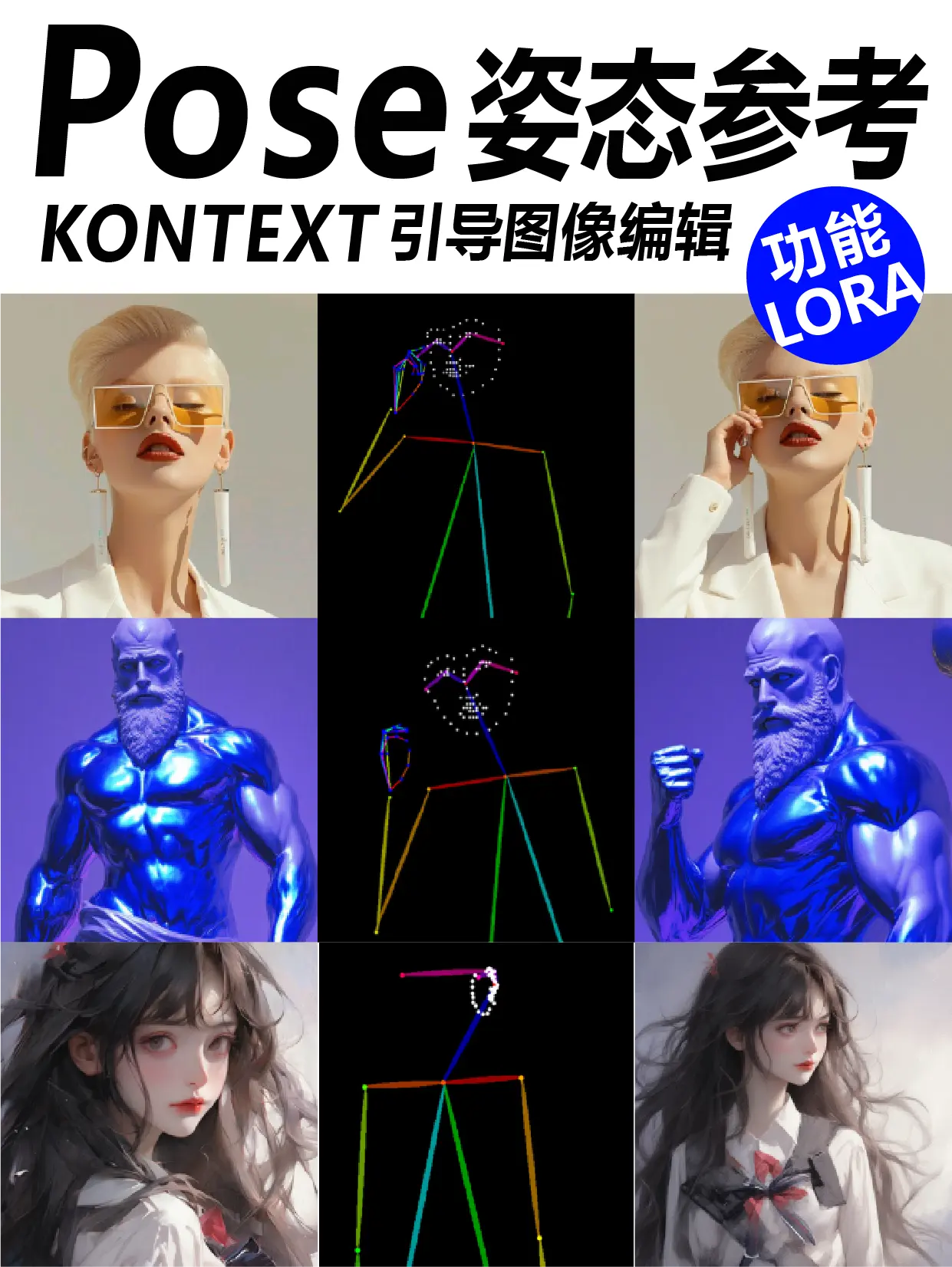 Kontext_OpenPose 参考姿态引导图像一致编辑:目前最稳定图像质量最好的控制lLORA
