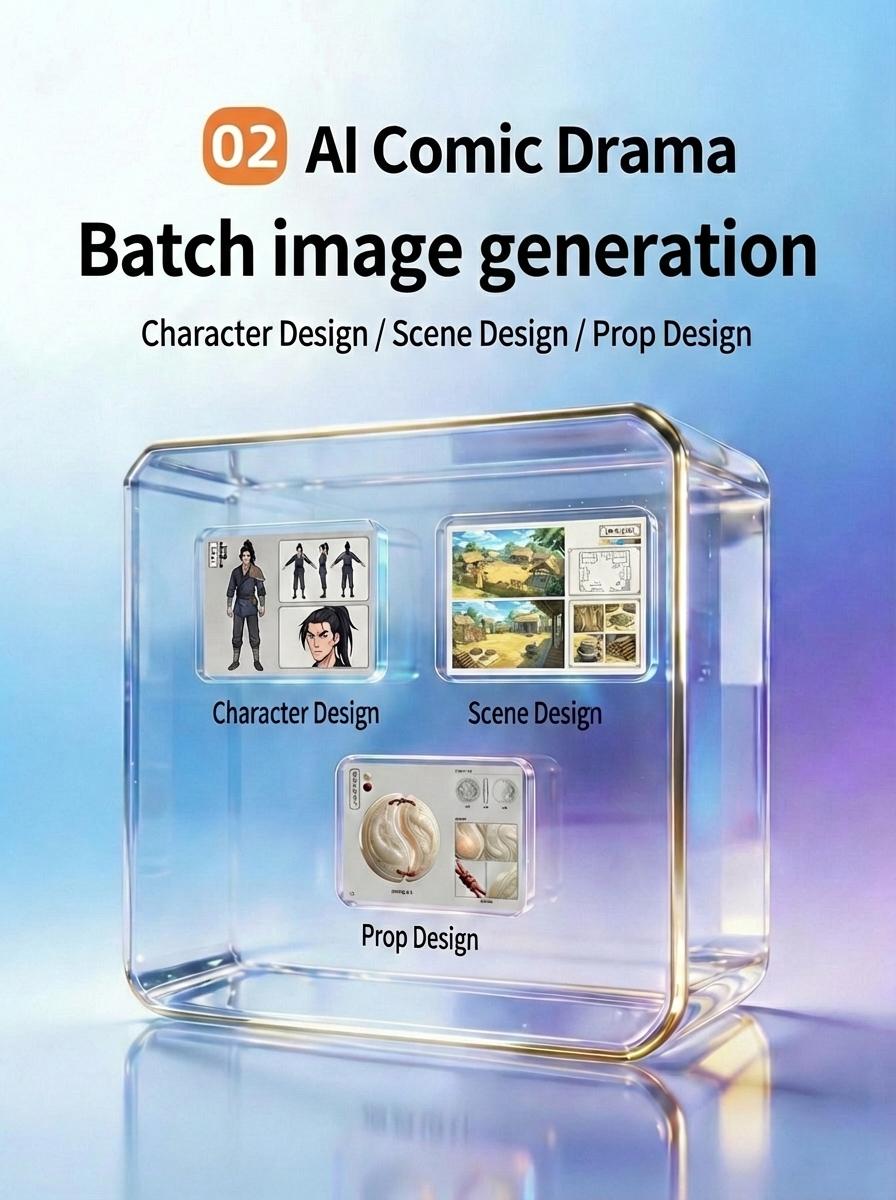 02 AI Comic Batch Asset Creation: Character Design, Scene Design Drawings, Prop Design (supports up to 10 pieces at a time)