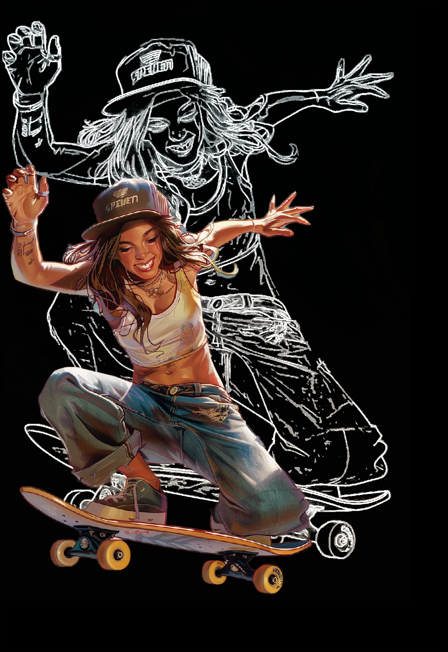 Line Art Skateboard Girl