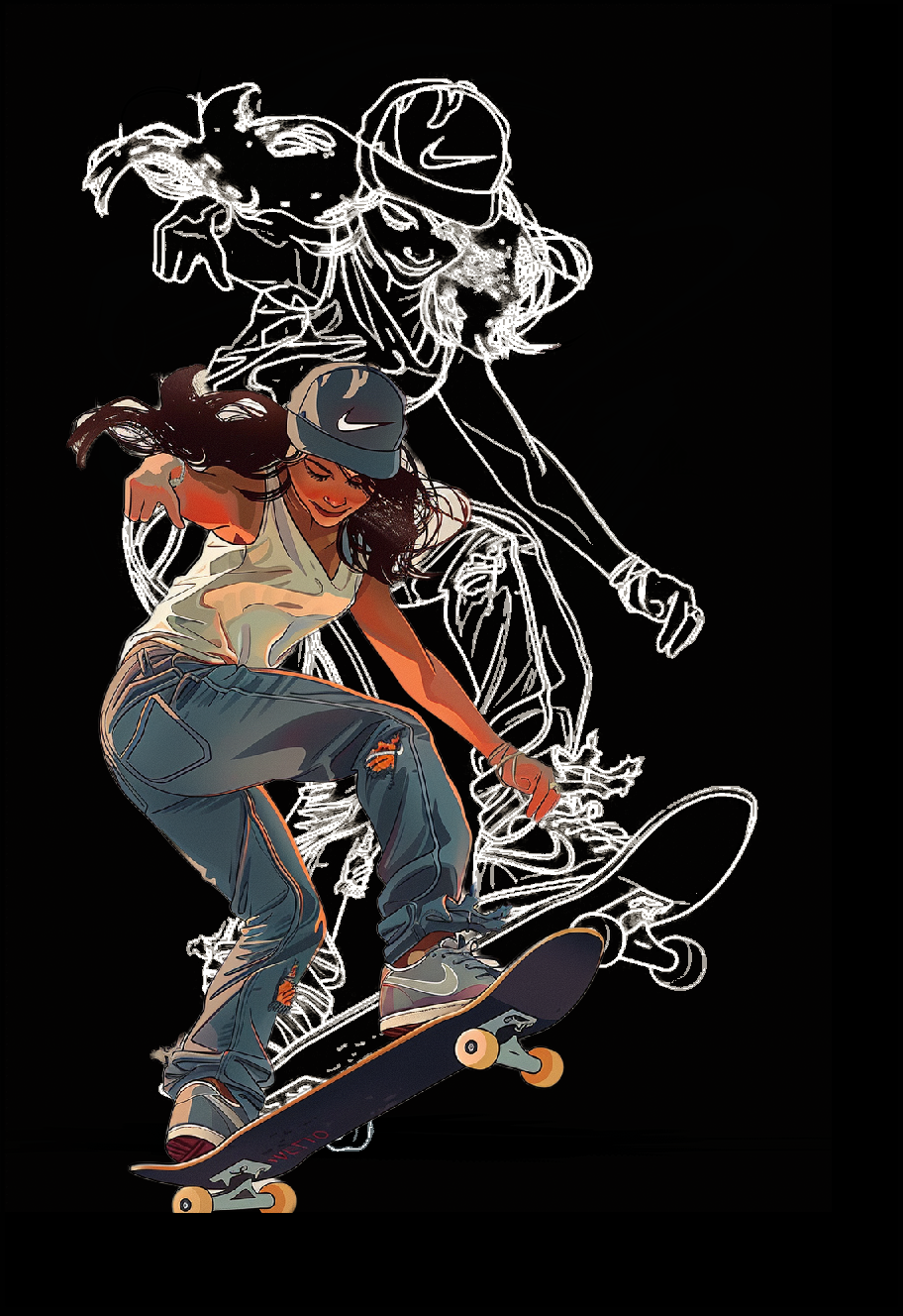 Line Art Skateboard Girl