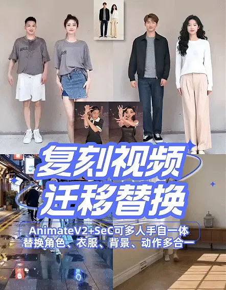 AnimateV2 wan2.2+SeC+CPM可多人手自一体换角色、衣服、背景、动作迁移复刻视频等