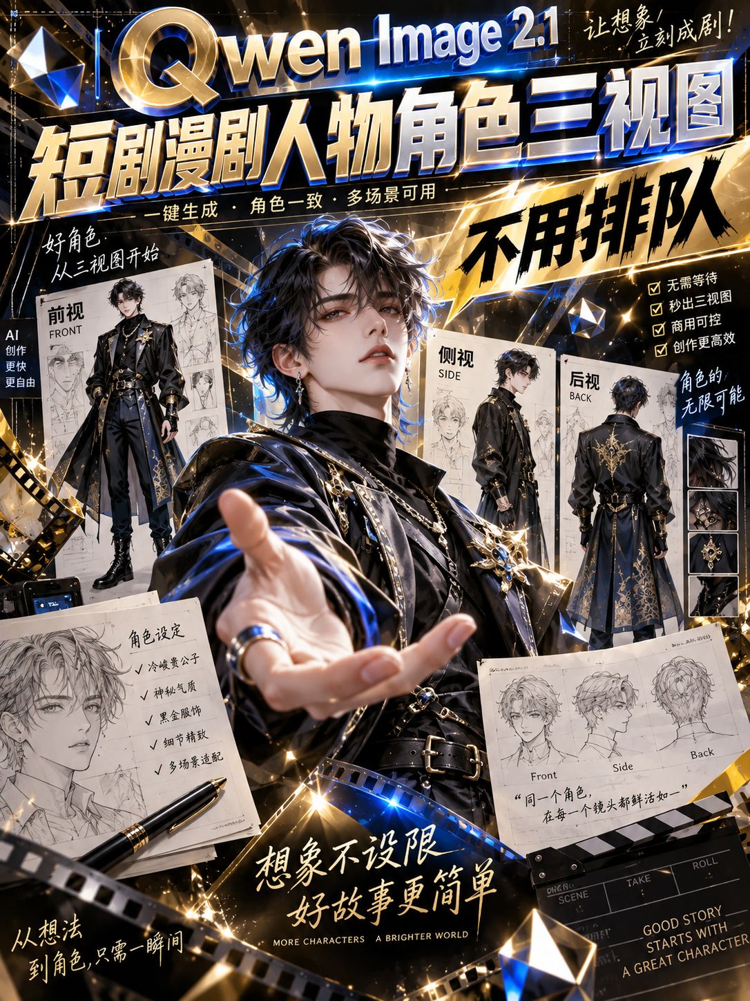 qwen image2.1直出人物角色三视图—短剧漫剧