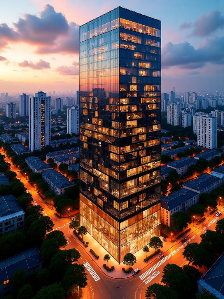 高空俯拍城市黄昏全景