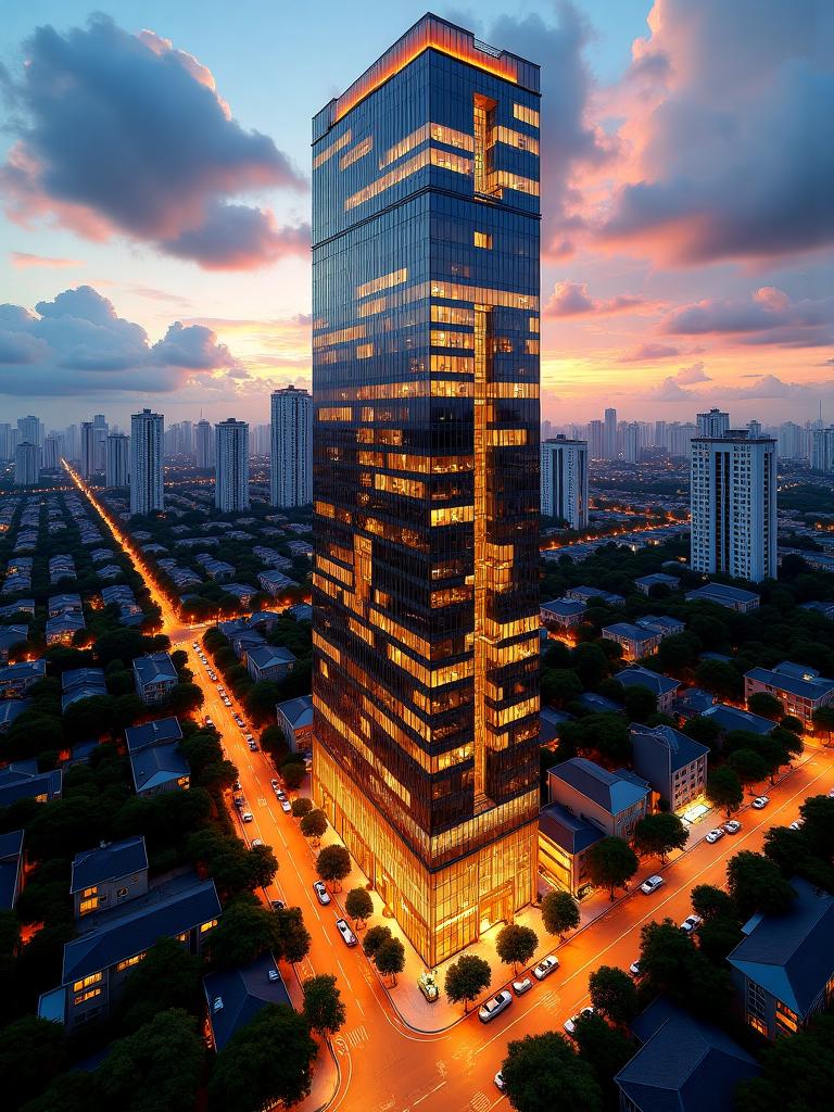 高空俯拍城市黄昏全景