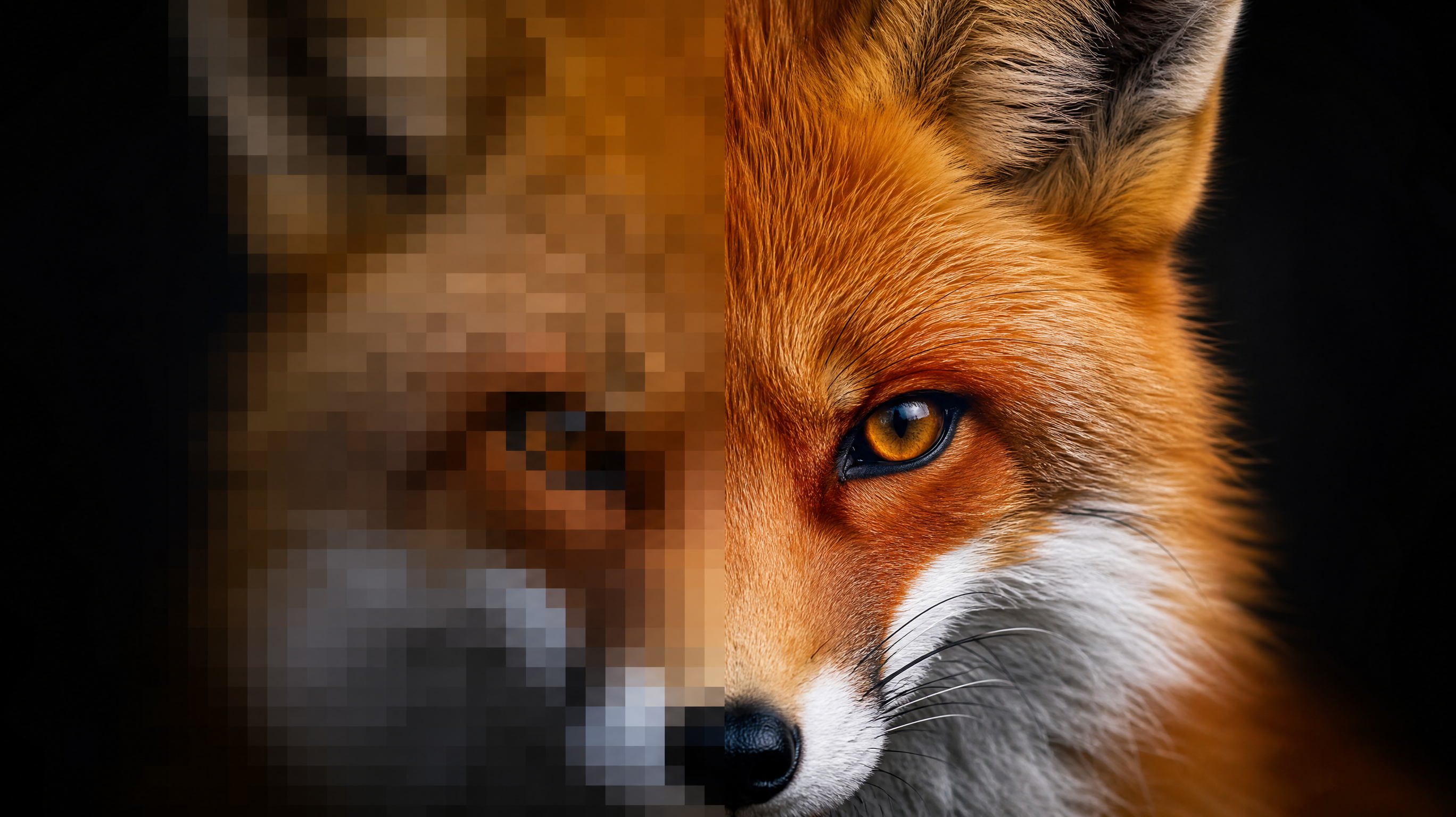 Half pixelated and half razor-sharp close-up of a fox's face, showing the difference of an AI image upscaler
