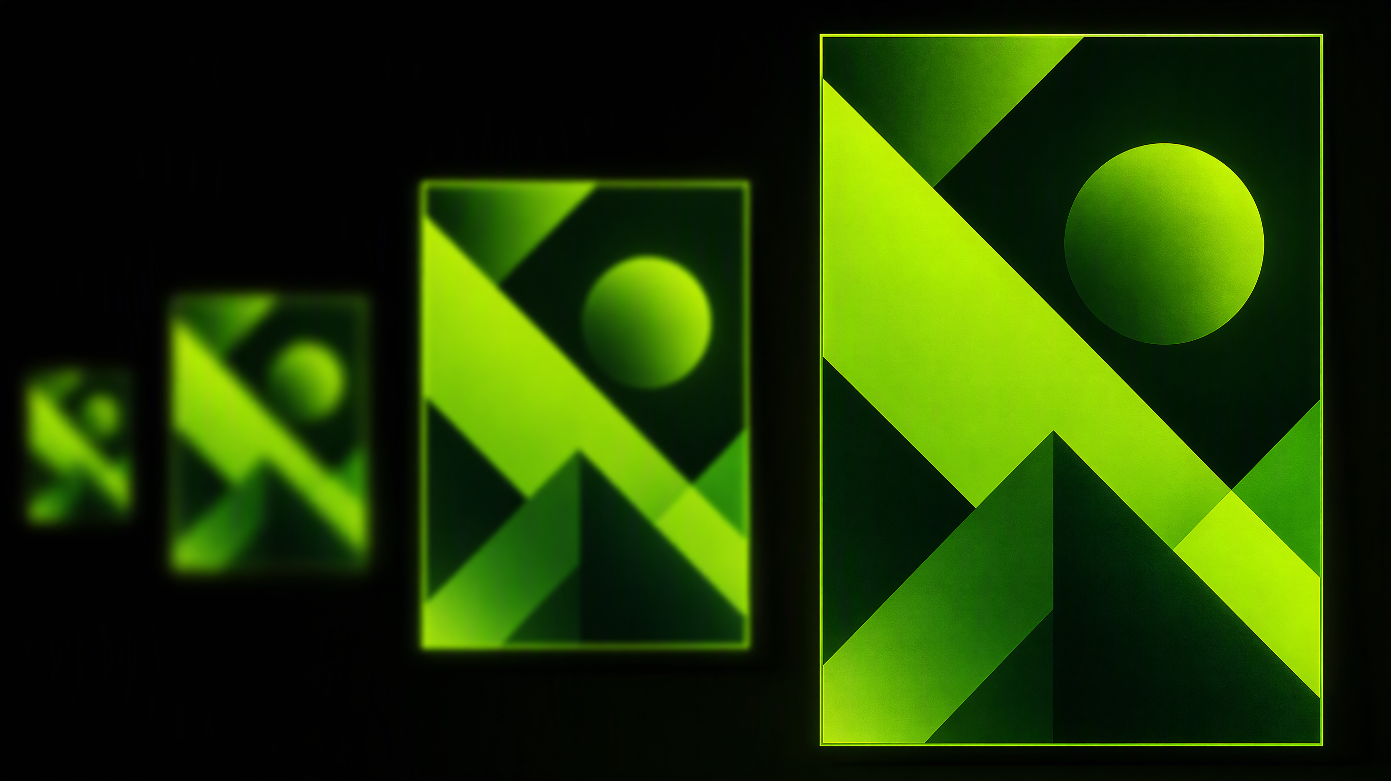 A neon-green geometric poster rendered at crisp print resolution from a tiny preview thumbnail, sharp edges and smooth gradients on dark background, no text, no watermark