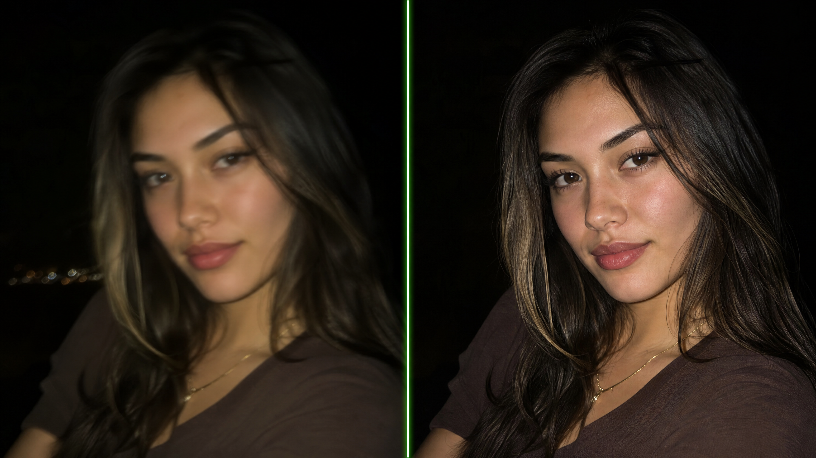 Split photo of a dark blurry night portrait repaired into a clean sharp bright version by an AI image enhancer