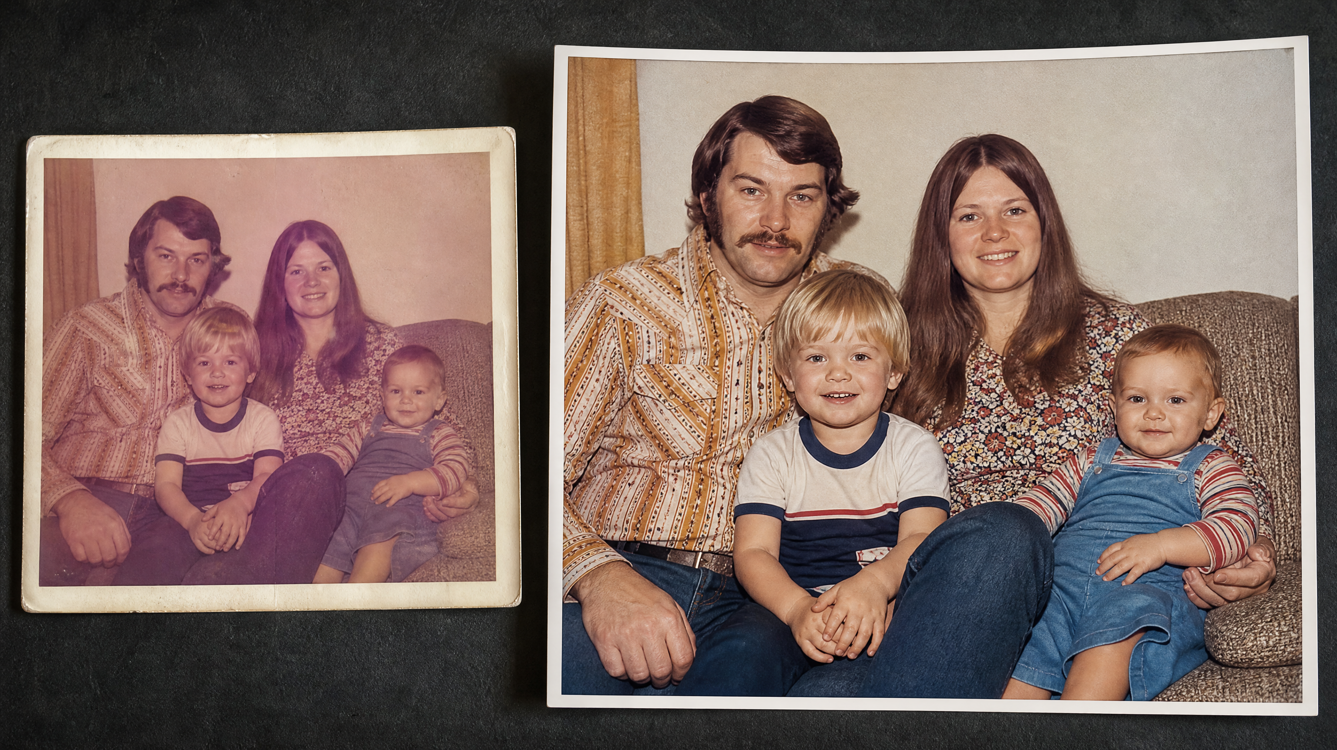 A faded 1970s family photo on the left restored and enlarged with crisp faces and natural grain on the right, dark studio background, no text, no watermark