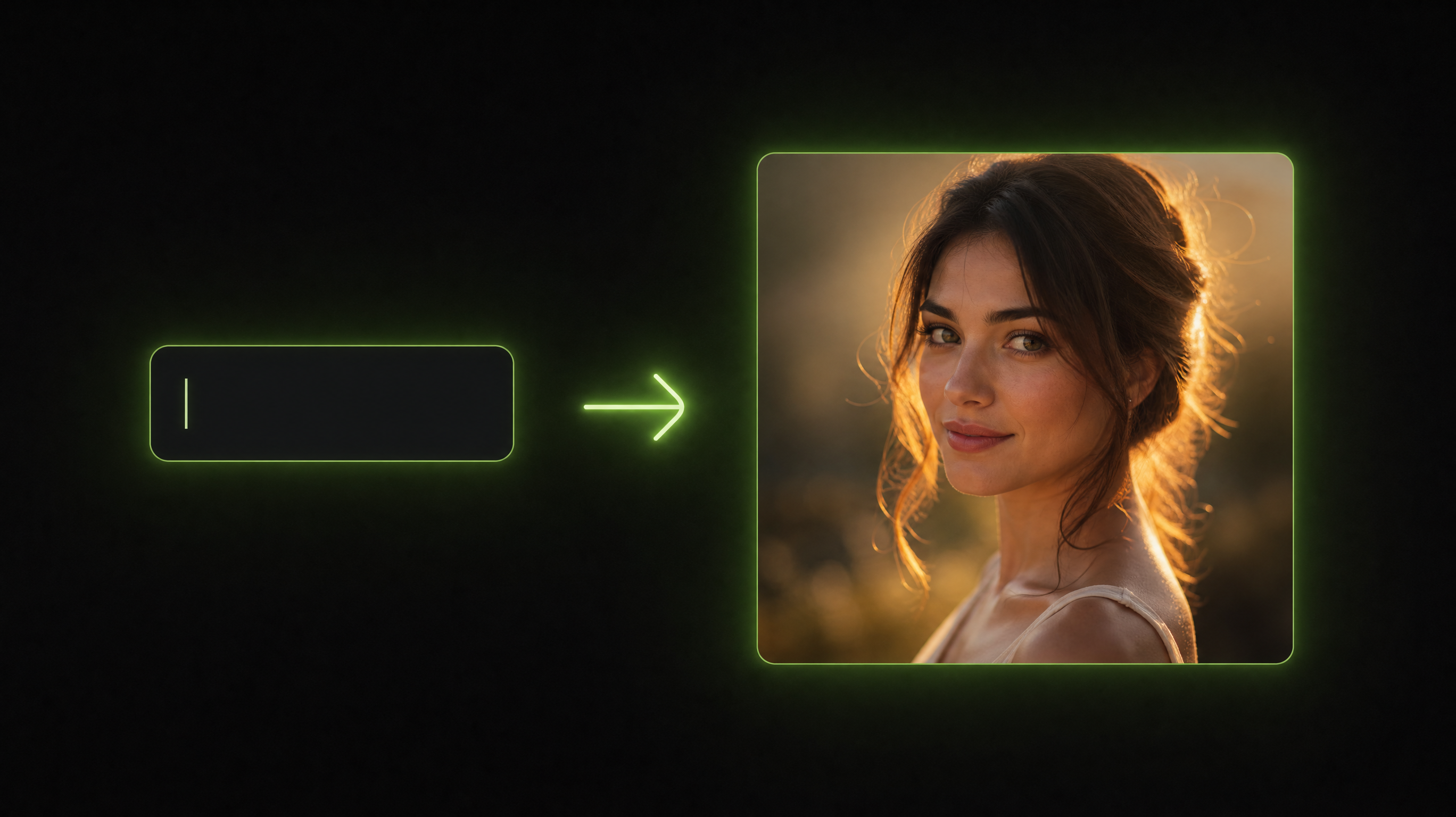Text prompt on the left and an arrow pointing to the photorealistic portrait generated from it, an example of the AI image generator turning words into pictures