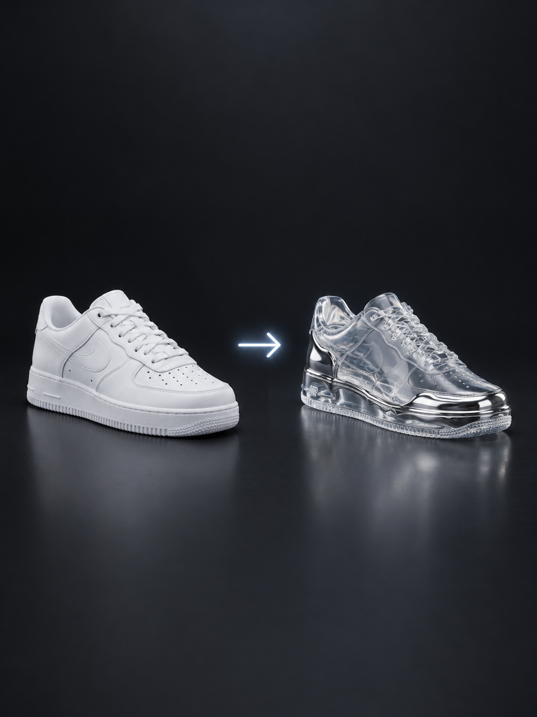 One sneaker photo connected by a glowing arrow to a single restyled version rendered as translucent glass with liquid chrome accents — image to image AI generation remixing materials