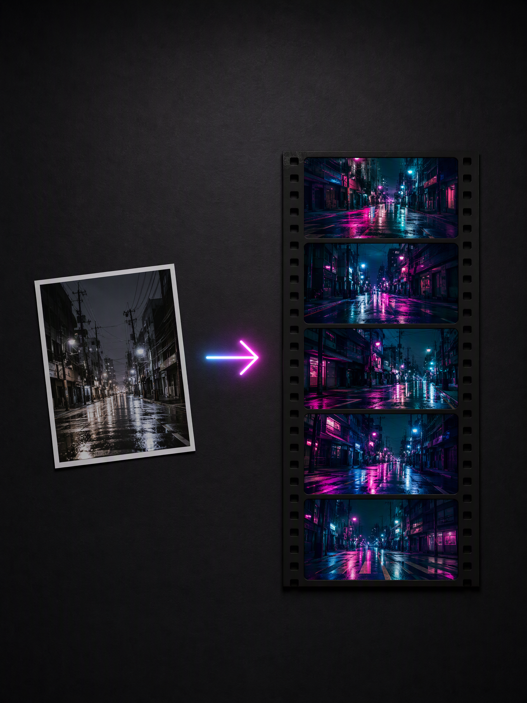 A grid of small reference photographs on the left flowing through a glowing green arrow into one large finished restyled picture on the right, dark studio background — image to image AI generation with fine-grained control, no text, no watermark