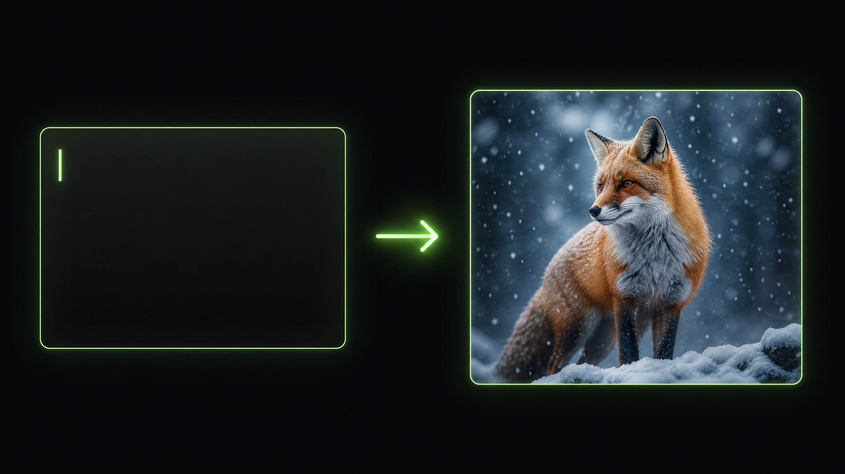 Prompt box on the left, glowing arrow, finished cinematic picture on the right — the RunningHub AI image generator workflow turning a sentence into an image