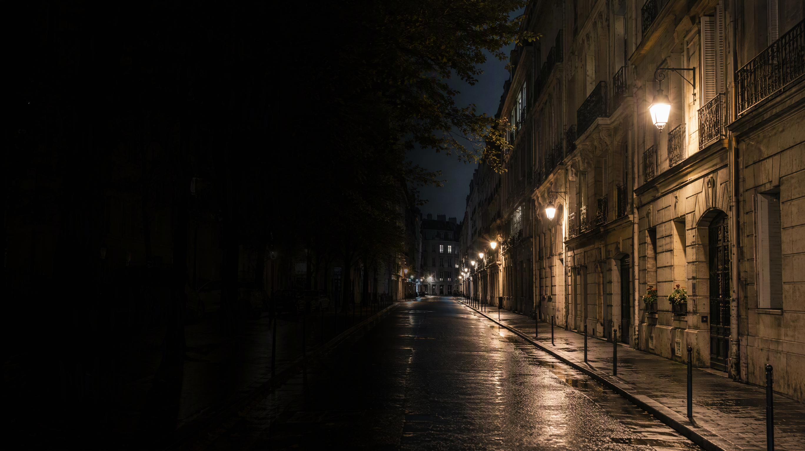 A pitch-dark underexposed night street photo restored on the right to a moody well-lit scene with natural colors and no noise, split composition, no text, no watermark