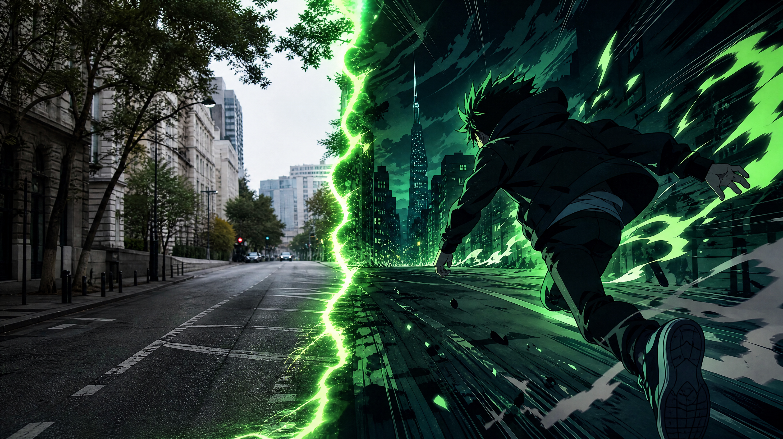 A real street photograph transforming into a vibrant anime scene with cel shading and speed lines, showing AI image to anime conversion
