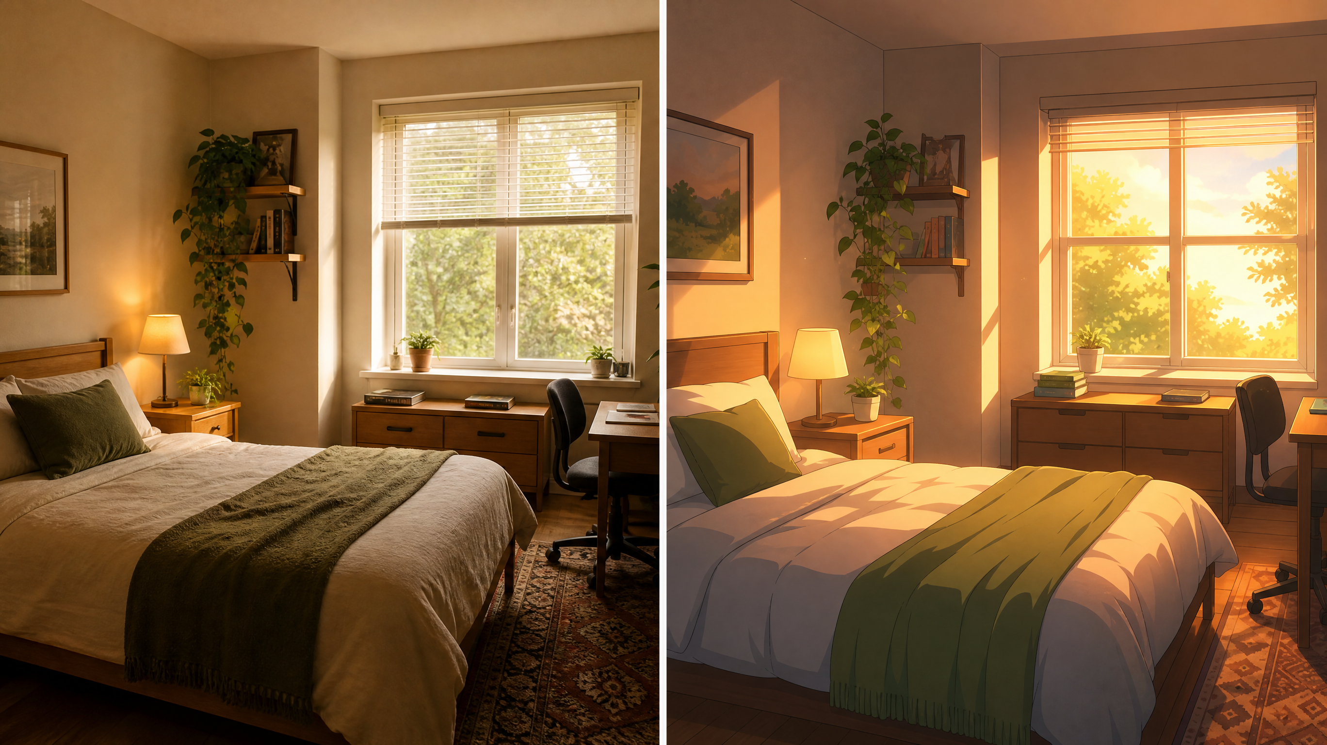 A cluttered real bedroom photographed and converted beside it into a cozy clean anime-style bedroom with glowing window light, split composition, no text, no watermark