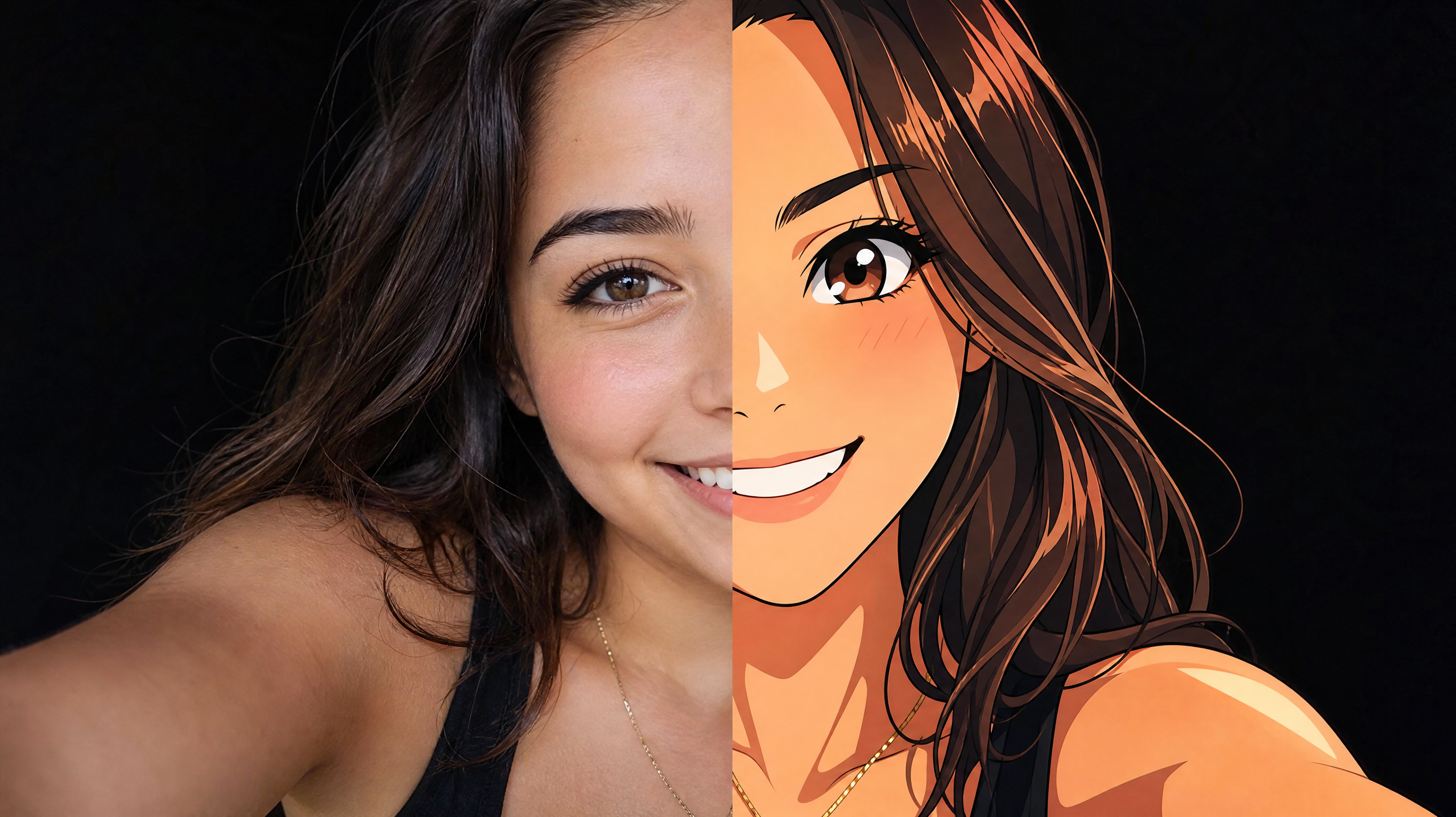 A cheerful young woman's real selfie transforming mid-frame into a vibrant modern anime portrait with expressive eyes and cel shading, dark background, no text, no watermark