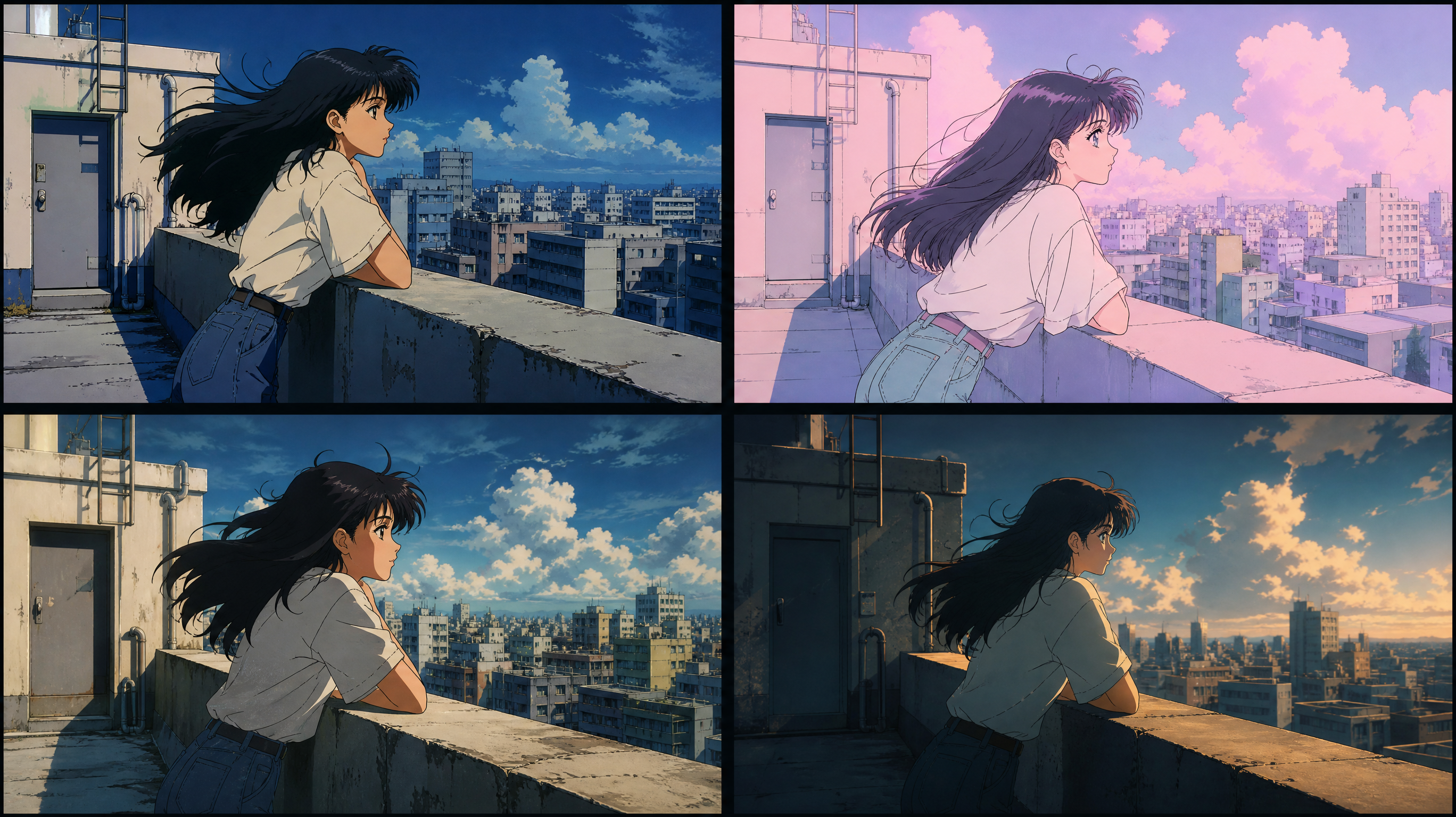Four-panel grid of the same rooftop photo restyled as modern digital anime, thick-line 90s OVA, pastel shojo and cinematic film anime, dark grid dividers, no text, no watermark