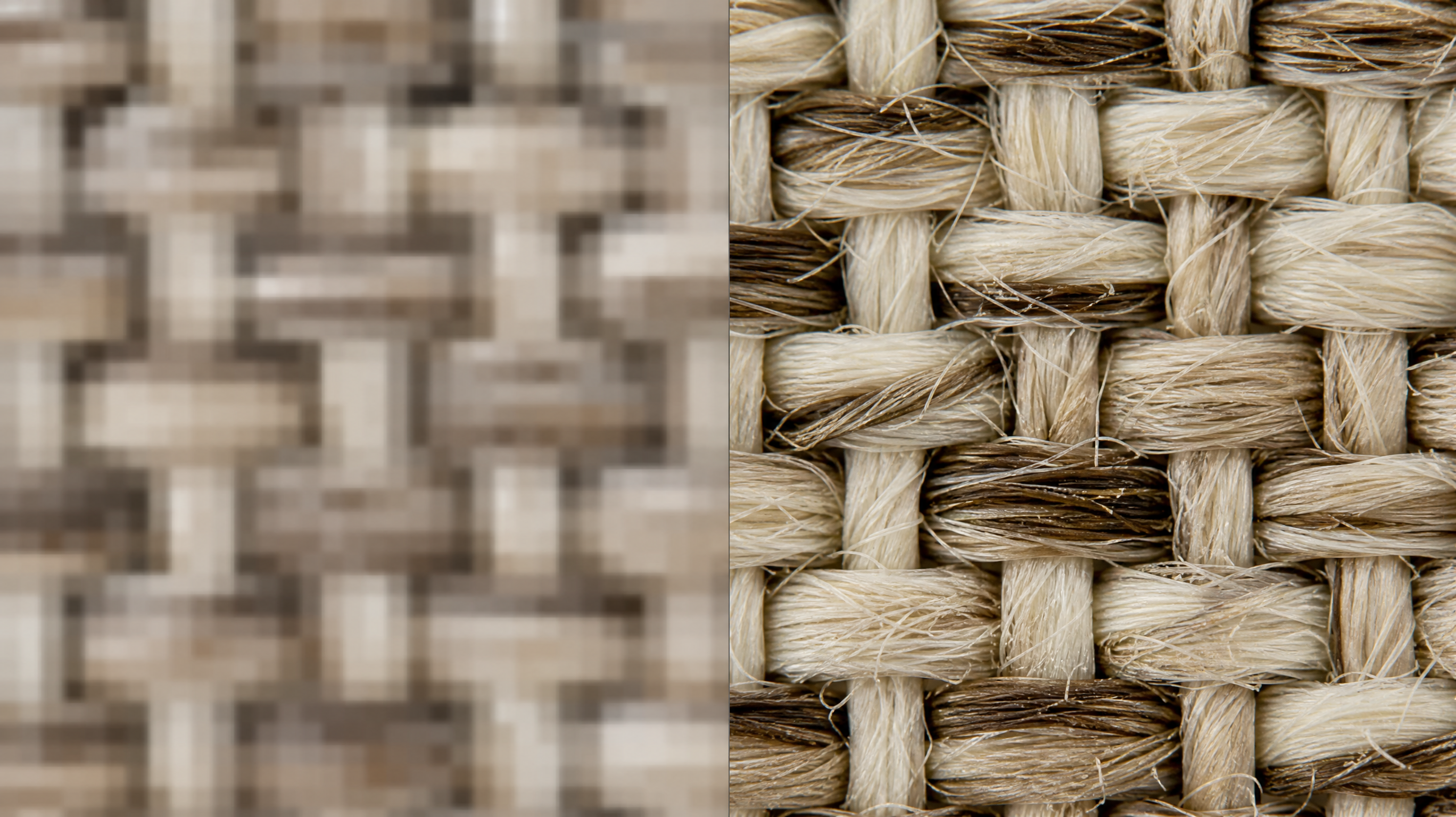 Extreme close-up comparison of woven fabric, left half blurry and low resolution, right half crisp with visible individual threads after AI upscaling, no text, no watermark