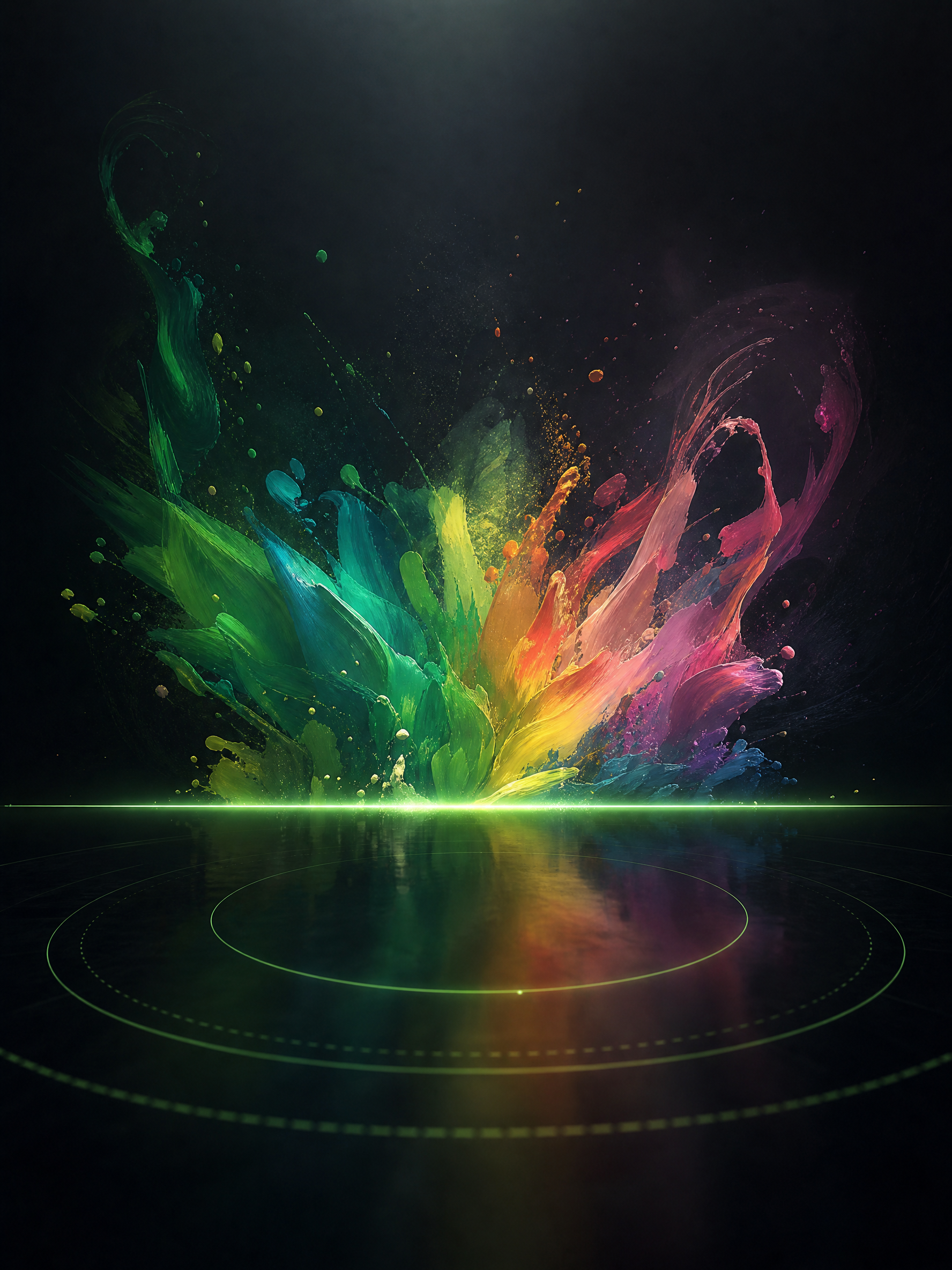 A glowing line of light across a dark studio interface with abstract painterly artwork blooming upward out of it — the image AI generator turning one instruction into finished art