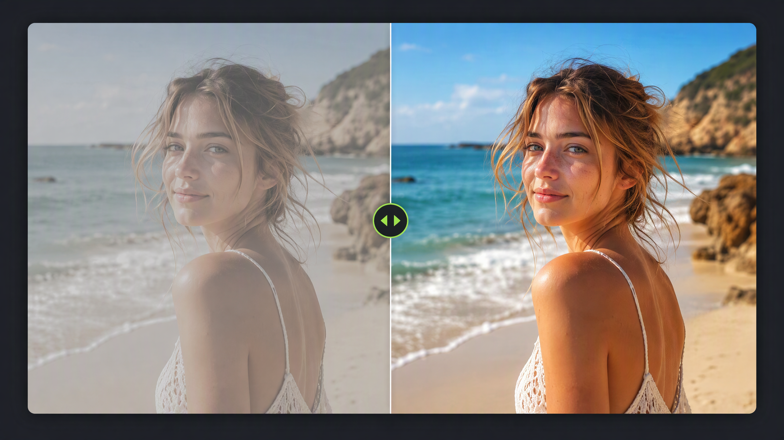 A washed-out faded beach portrait with its enhanced vibrant twin beside it on a dark interface with a sliding comparison bar, subtle neon-green handle, no text, no watermark