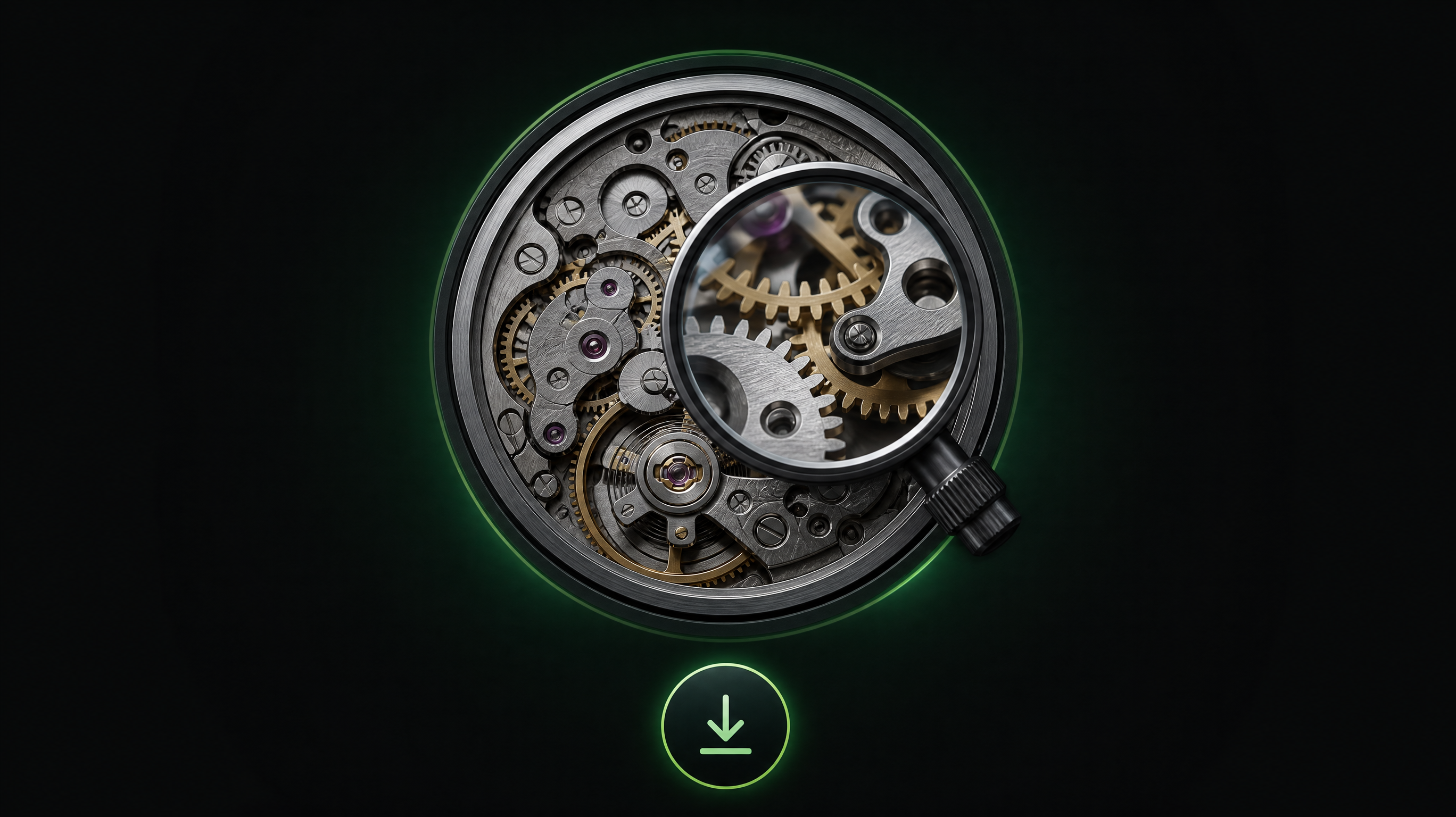 Macro watch movement under a magnifier loupe with a PNG download button, showing the production-resolution output of the image generator AI