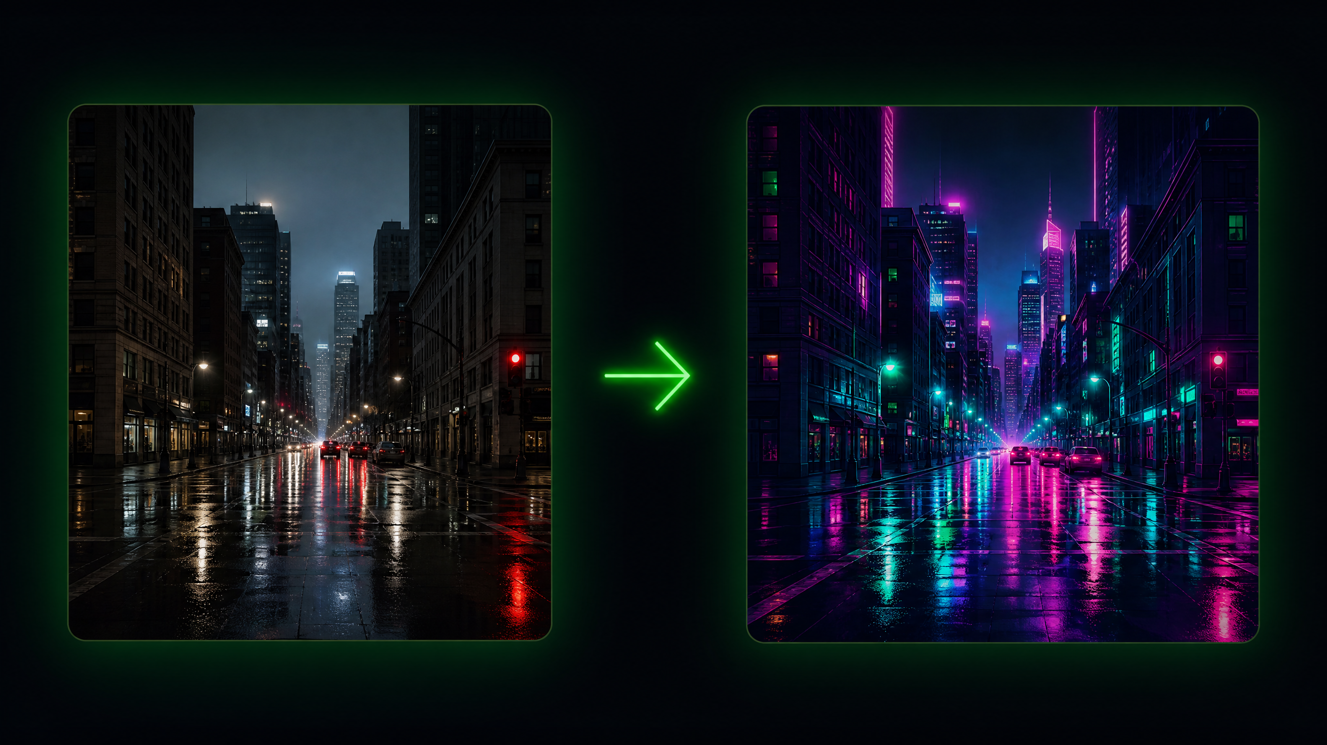 Original street photo on the left, glowing arrow, the same composition restyled as a neon cyberpunk illustration on the right — image to image AI at work