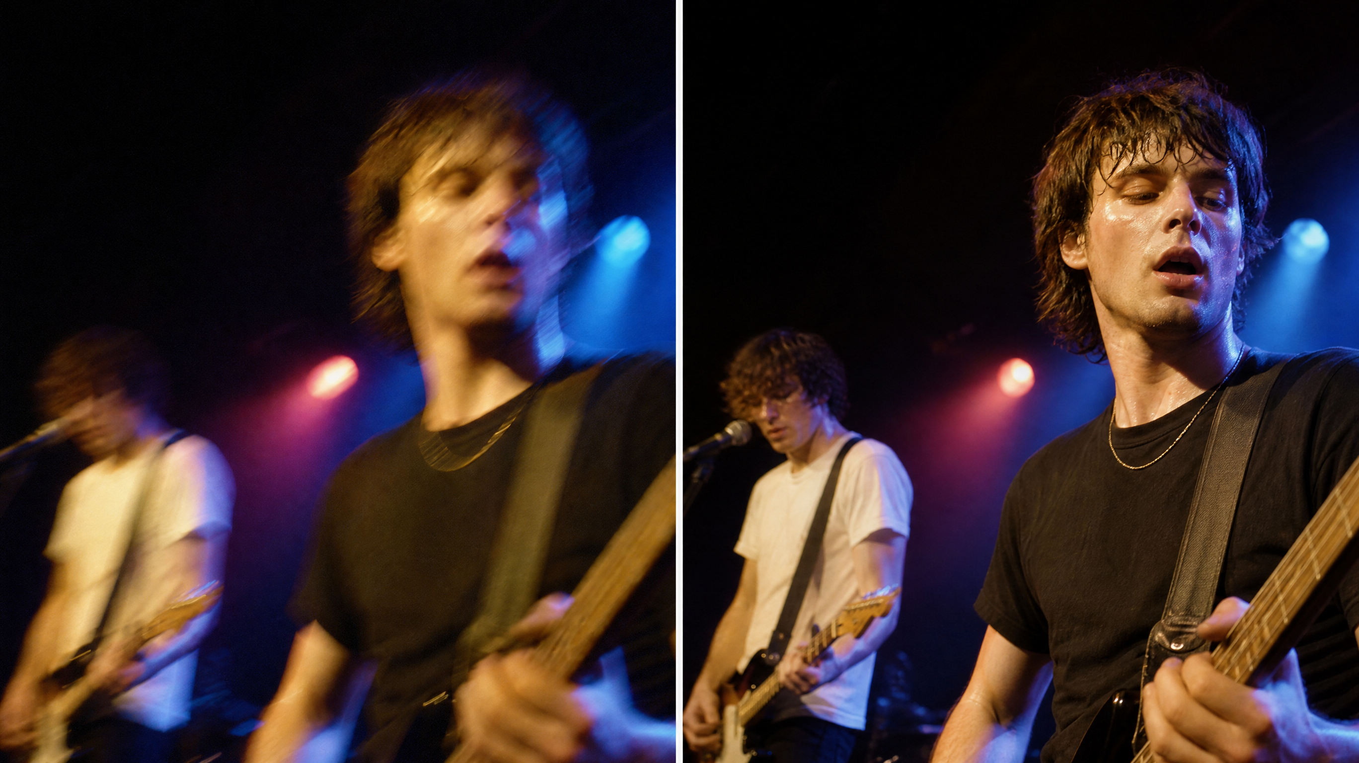 A shaky handheld concert photo on the left transformed into a crisp clean version with retained skin texture on the right, dark venue lighting, no text, no watermark