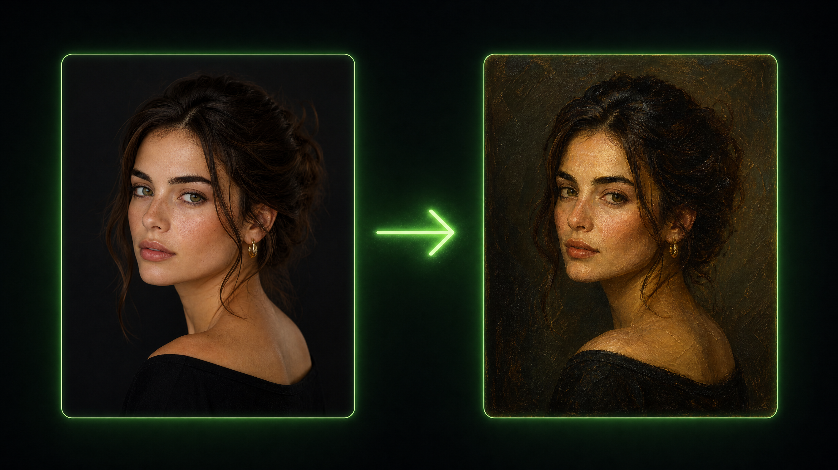 Portrait photo connected by an arrow to its renaissance oil painting version with identical pose and framing, restyled by an image to image AI generator